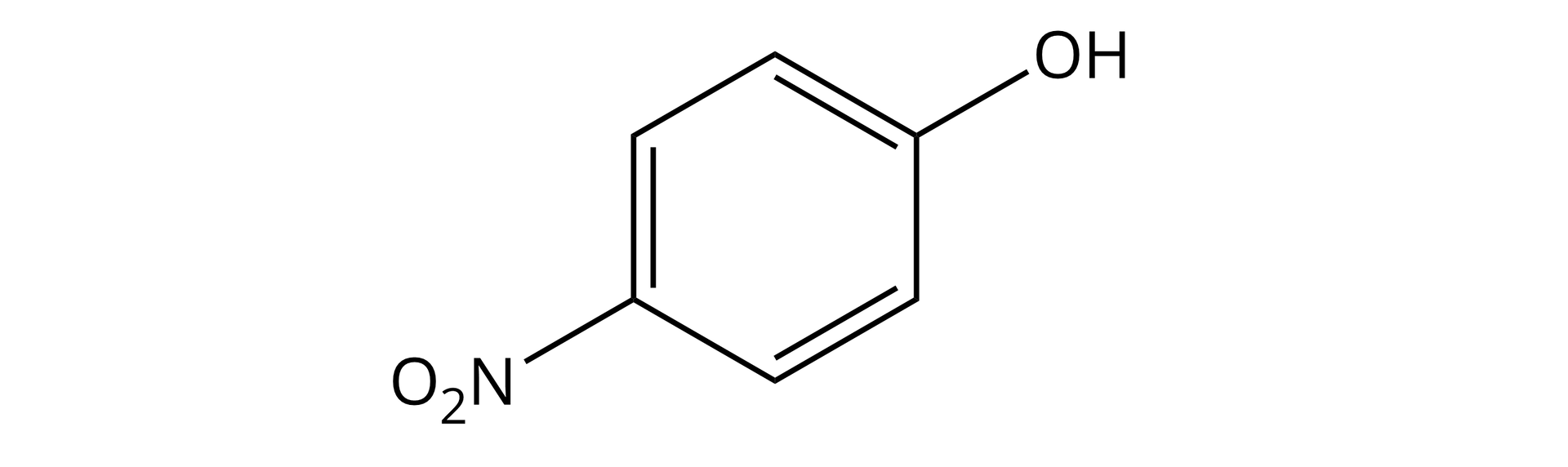 Ilustracja przedstawia wzór półstrukturalny 4‑nitrofenolu. Do sześcioczłonowego pierścienia benzenowego, w którym występują na przemian wiązania pojedyncze i podwójne, przyłączona jest grupa hydroksylowa, a w pozycji czwartej znajduje się grupa nitrowa.