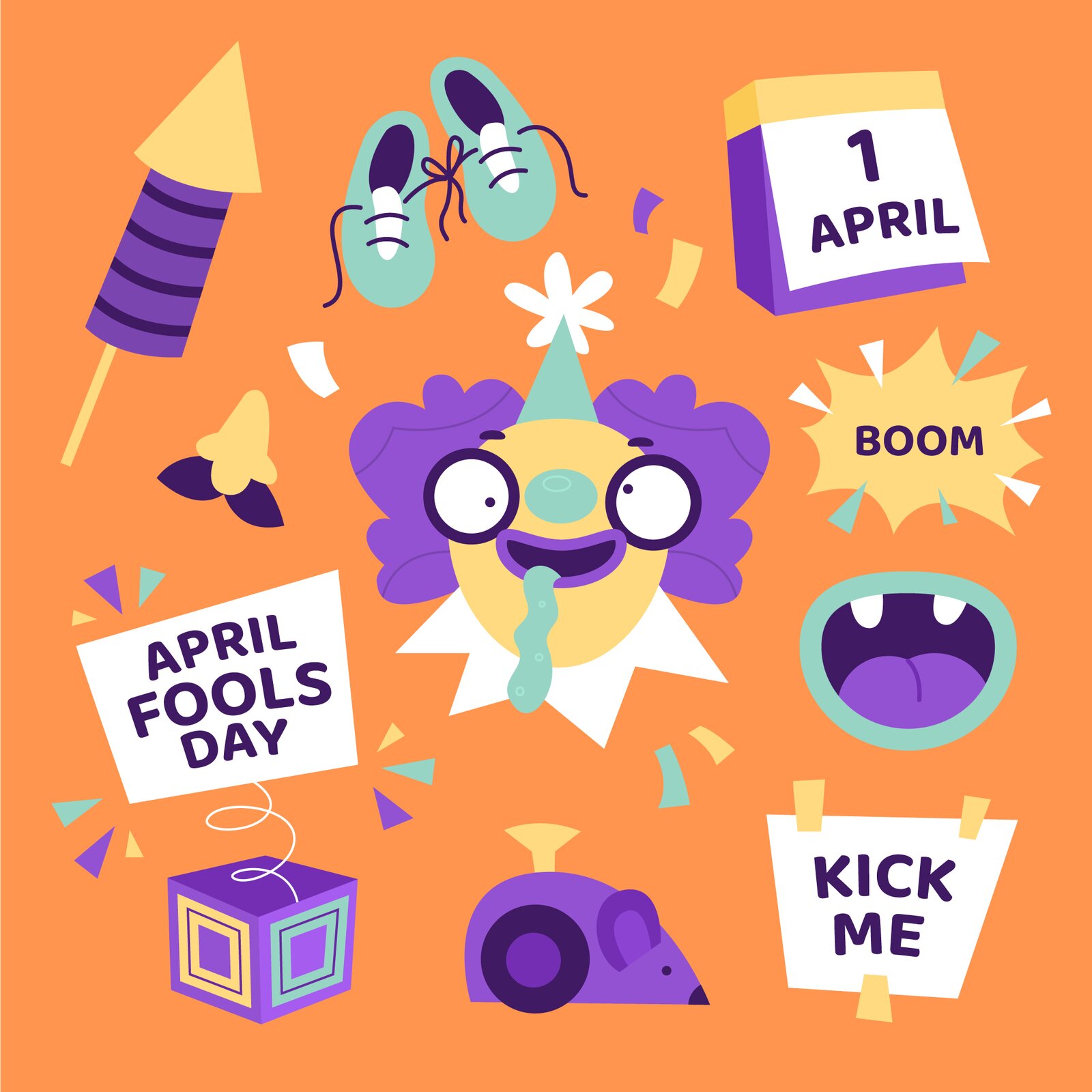 Grafika przedstawia różnokolorowe przedmioty i  napisy na pomarańczowym tle. Od góry widoczne są: fioletowo‑żółty fajerwerk, zielona para butów, karta z kalendarza z napisem w języku angielskim: 1 APRIL, głowa klauna, chmurka z napisem w języku angielskim: BOOM, ikona zębów wampira, nalepka z napisem w języku angielskim:KICK ME, zabawka‑mysz, pudełko ze skręconym drucikiem, na końcu którego kartka z napisem w języku angielskim: APRIL FOOLS DAY.