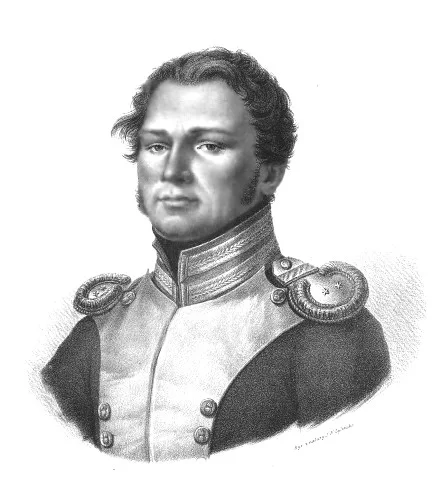 Ilustracja przedstawia mężczyznę w średnim wieku. Ma okrągłą twarz, wysokie czoło, krótkie, zaczesane do tyłu włosy i wąskie bokobrody, małe oczy, szeroki nos i kształtne usta. Ubrany jest w kurtkę munduru z jasnymi wstawkami z przodu, z wysoką stójką i okrągłymi naramiennikami.