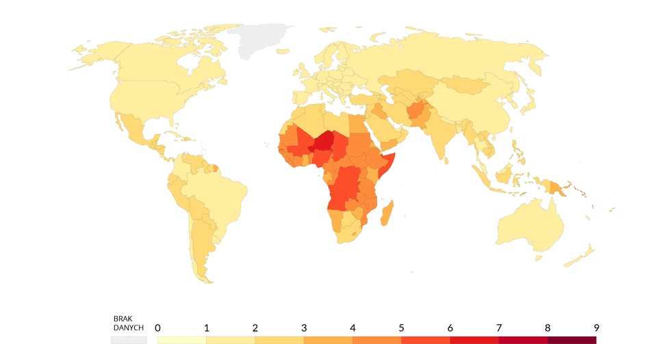 Mapa przedstawia informacje na temat zróżnicowania współczynnika dzietności na świecie (2020). Największy (na poziomie 4‑6) jest on Afryki Środkowej i Południowej. W pozostałych częściach świata jest on na poziomie około 1‑2.