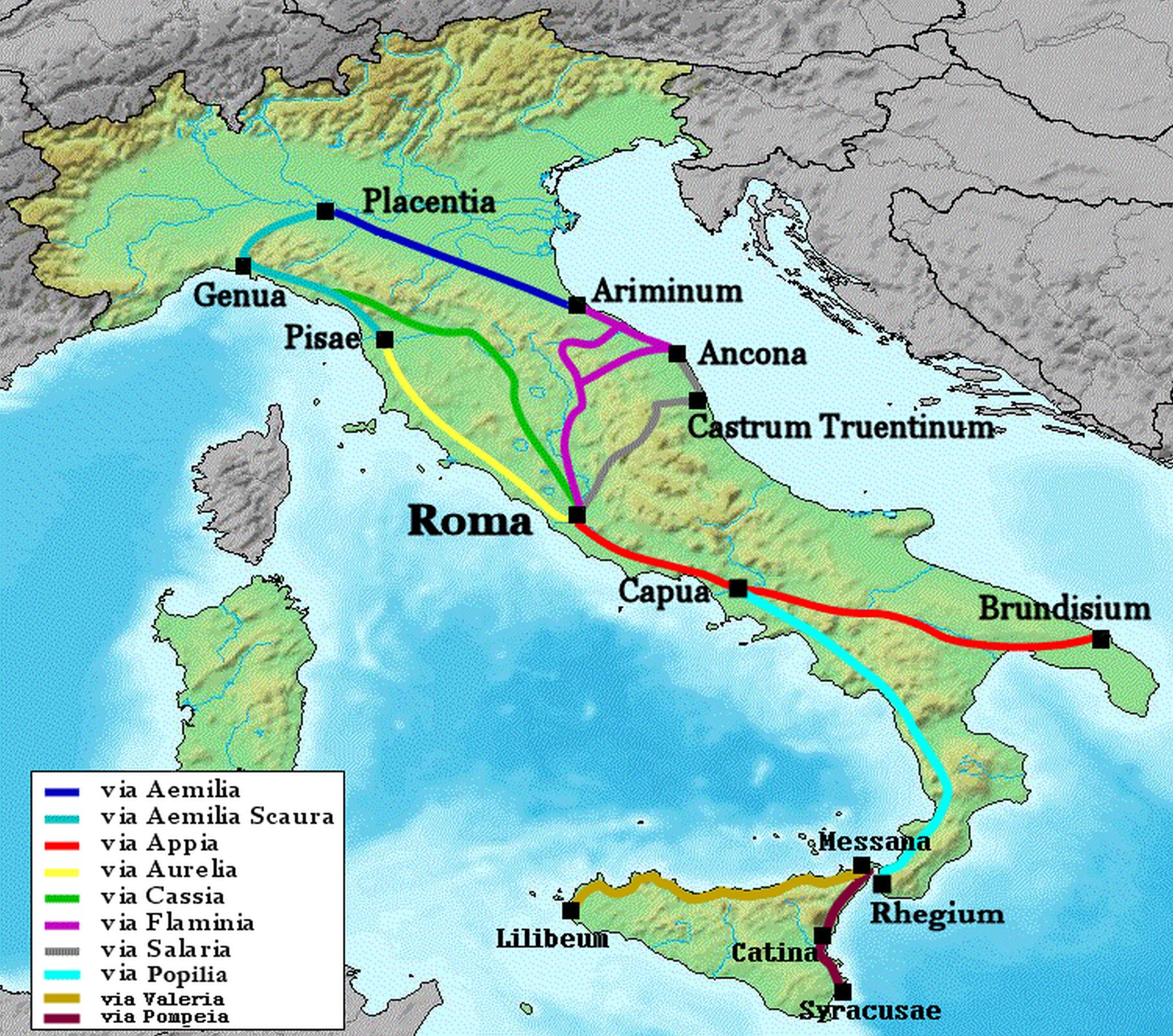 Ilustracja przedstawiająca mapę rzymskich dróg w Italii.