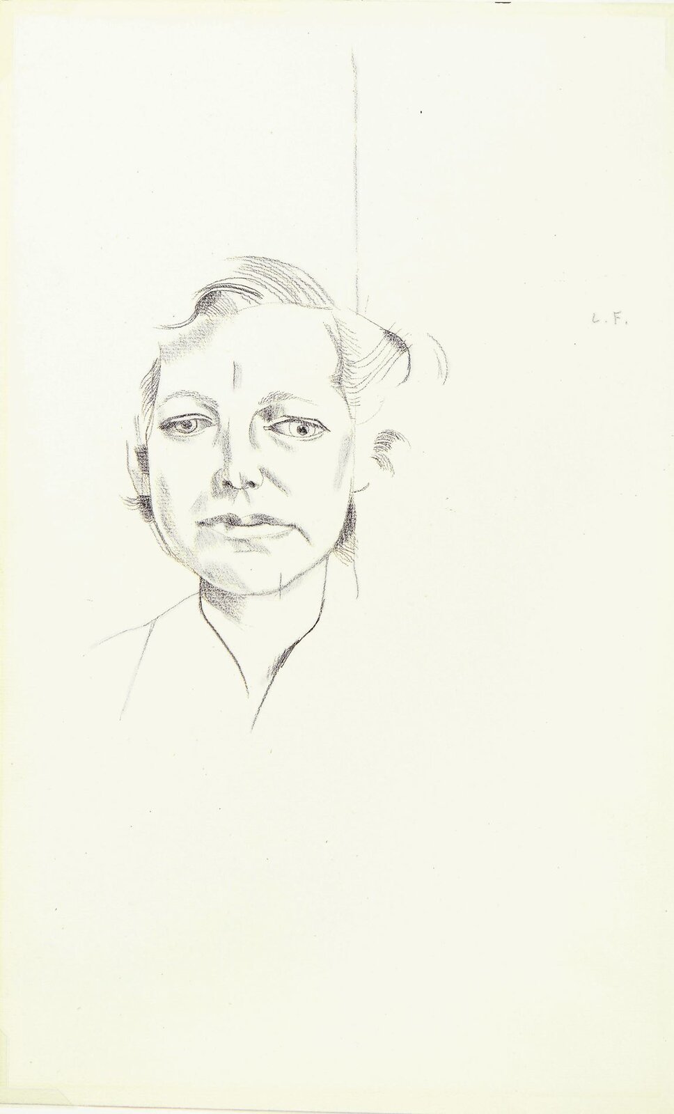 Praca Luciana Freuda pod tytułem „Portret Lady Anderson”. Rysunek prezentuje postać kobiety w średnim wieku o średniej długości włosach upiętych z tyłu. Lewe oko kobiety skierowane jest lekko zauważalnie w inną stronę niż prawe. Szczęka kobiety jest niesymetryczna, podobnie jak jej usta, których jeden kącik zauważalnie opada w dół. Na twarzy kobiety widoczne są zmarszczki, szczególnie po jej lewej stronie. 