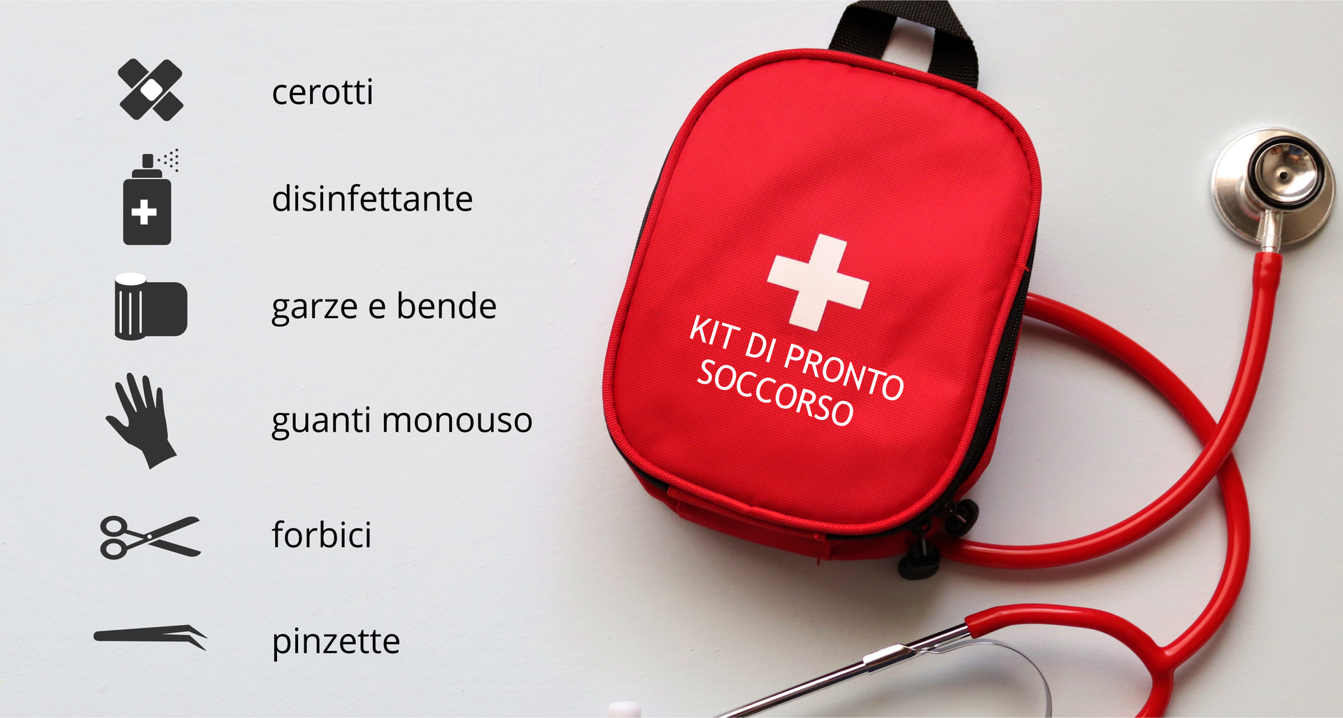 Zdjęcie przedstawia apteczkę pierwszej pomocy. Na apteczce znajduje się napis: Kit di pronto soccorso
. Obok apteczki, po prawej leży stetoskop. Po lewej stronie znajdują się piktogramy oznaczające kolejno od góry: plaster, środek dezynfekujący, bandaż, rękawiczki jednorazowe, nożyczki i pęsetę. Obok każdego piktogramu znajduje się nazwa po włosku. Są to kolejno od góry: cerotti, disinfettante, garze e bende, guanti monouso, forbici, pinzette.