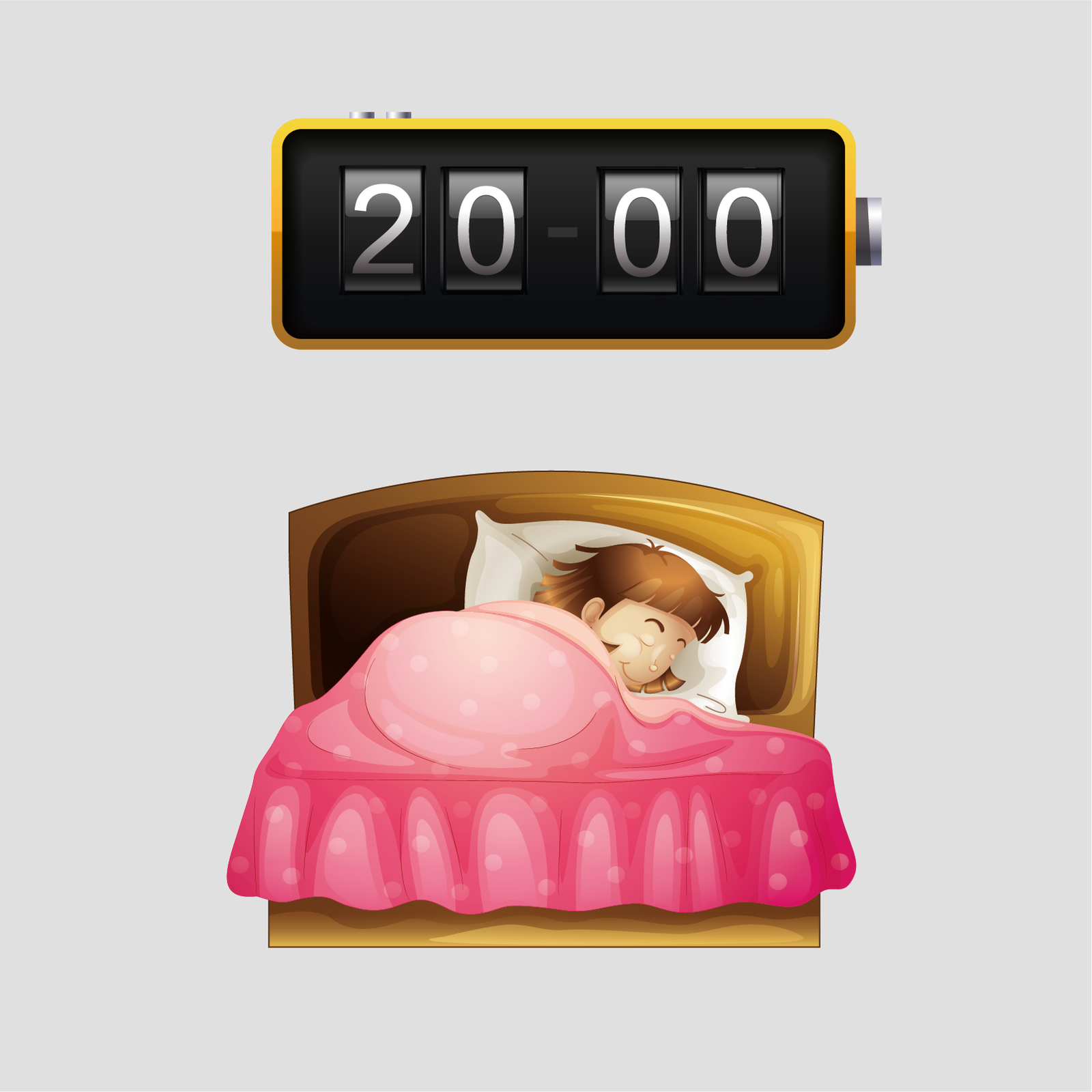 Ilustracja przedstawia grafikę ukazującą dziewczynkę śpiącą w drewnianym łóżku pod różowym kocykiem. Nad nią umieszczony jest czarny, podłużny zegar wskazujący godzinę dwudziestą 