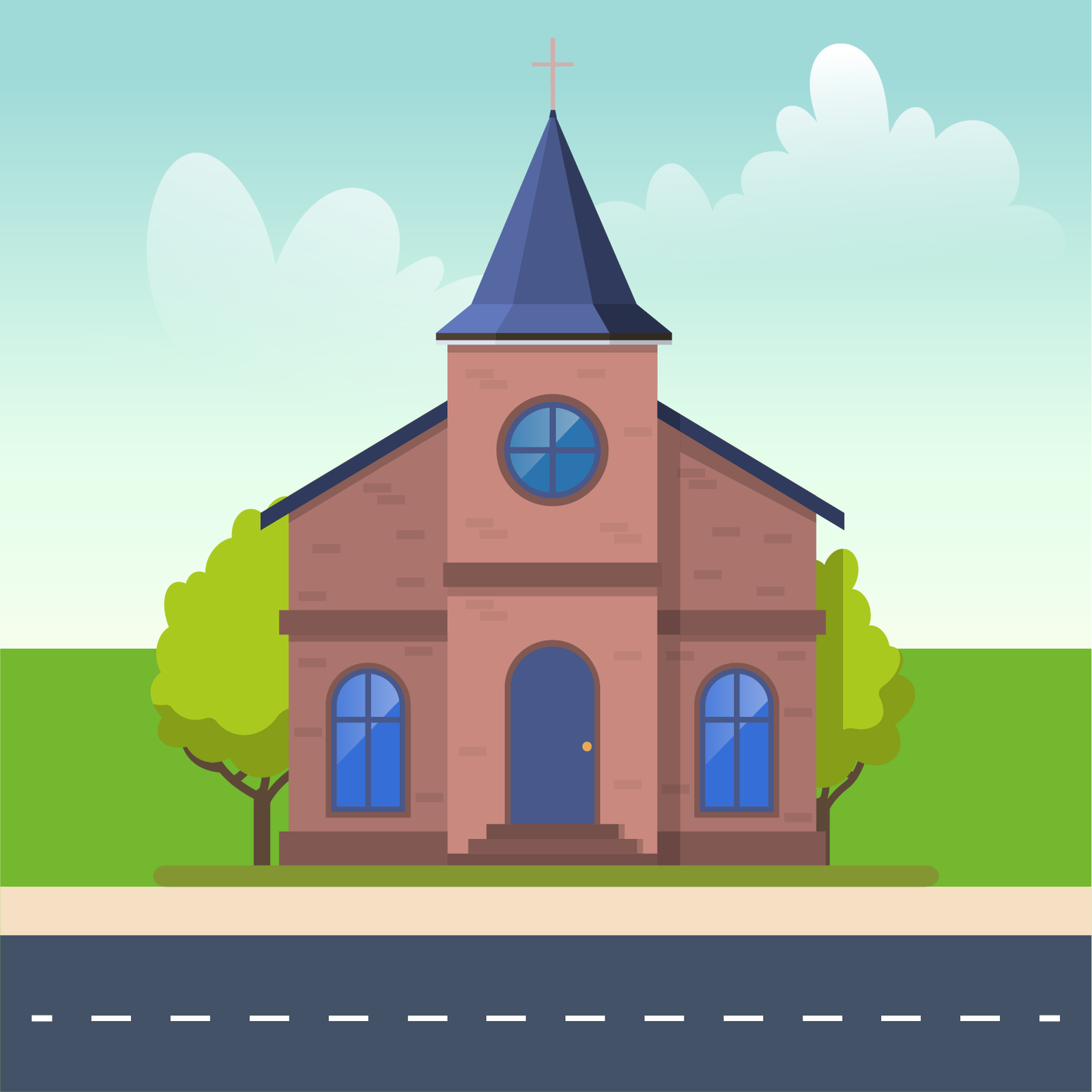 Ilustracja przedstawia budynek kościoła. Na szczycie wieży, znajduje się krzyż. Przed kościołem widać drogę.