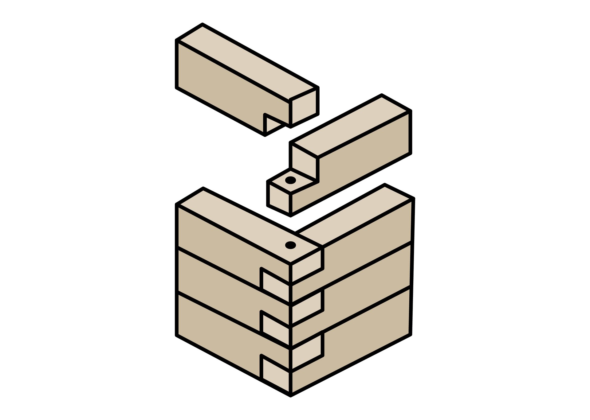 Rysunek ukazuje złącze węgłowe bez ostatków na zakładkę. Wycięcia belek znajdują się dokładnie na ich zakończeniach. Po dopasowaniu belki tworzą kolejne warstwy naroża, a ich krawędzie zlicowane są z powierzchnią ściany.