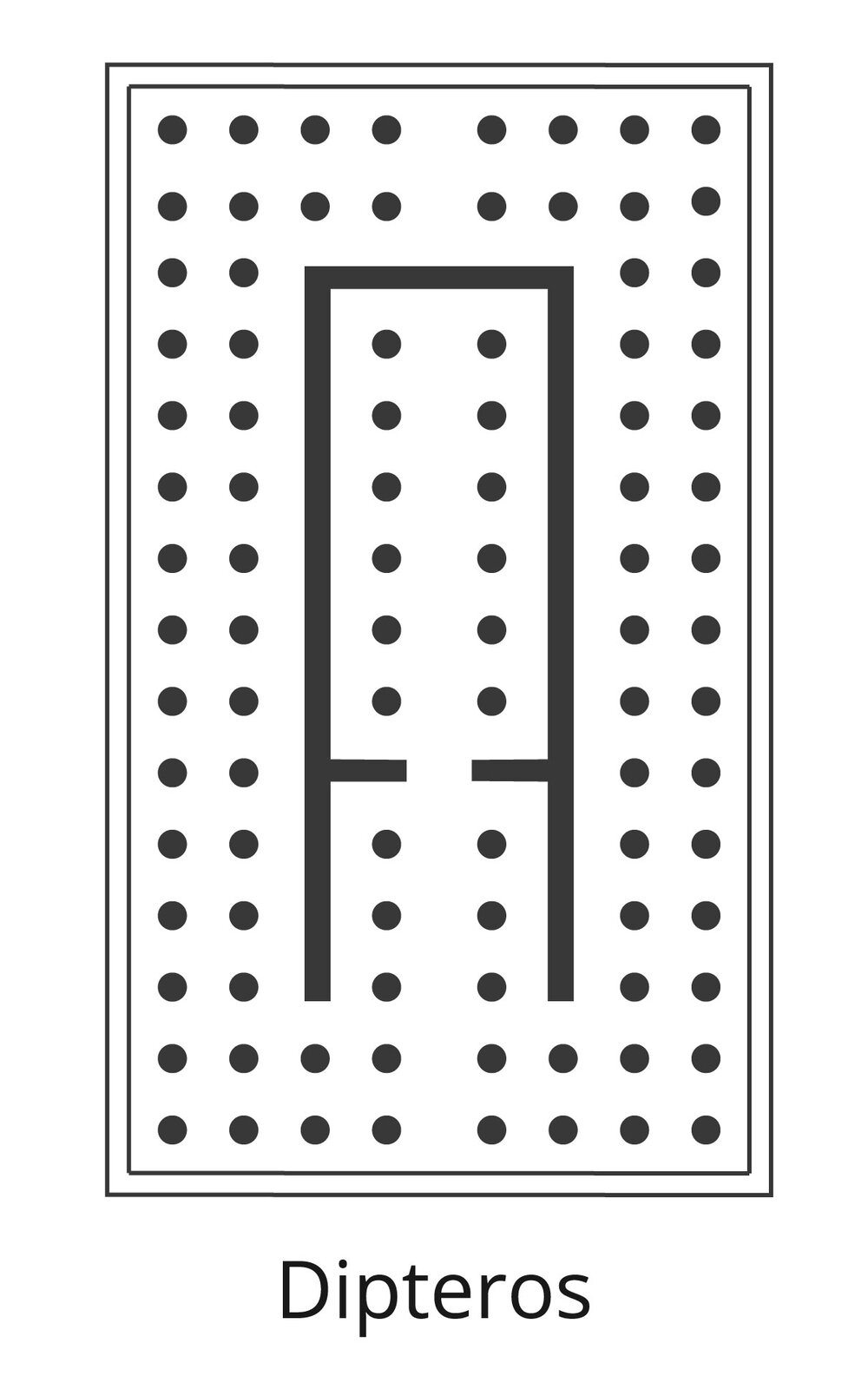Czarno‑biała ilustracja przedstawia rzut świątyni typu Dipteros, który został opisany na planie prostokąta, na którym rozmieszczone zostały dwa rzędy kolumnady, wewnątrz której znajdują się ściany budowli. Świątynia jest w kształcie prostokąta, którego dłuższe boki zostały wydłużone w dół, tworząc swego rodzaju wnękę, w której stoją trzy pary kolumn. Są one oddalone od ścian budynku i oddalone od siebie nawzajem w równych odległościach. Wytyczają drogę do wejścia do świątyni, wewnątrz której również znajduje się kolumnada, złożona z równoodległych od siebie sześciu par kolumn.