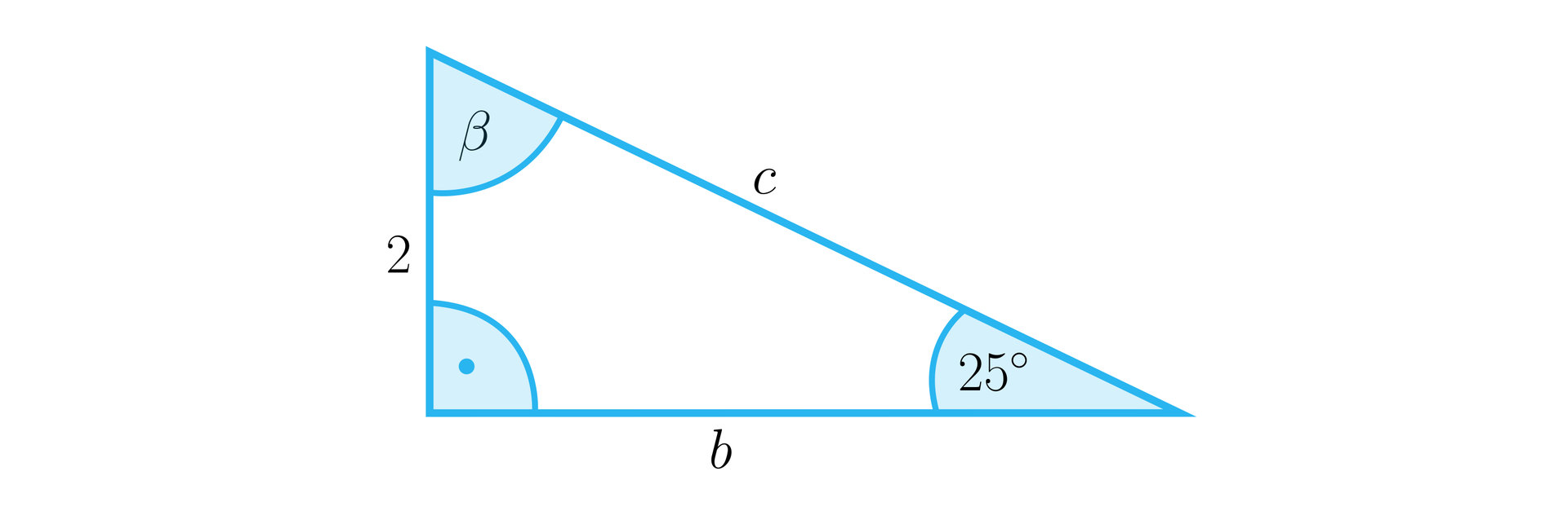 Na ilustracji przedstawiono trójkąt prostokątny o przyprostokątnych długości 2 i b, oraz przeciwprostokątnej długości c. Zaznaczono kąt 25 stopni naprzeciw przyprostokątnej o długości 2 oraz kąt beta naprzeciw przyprostokątnej o długości b.