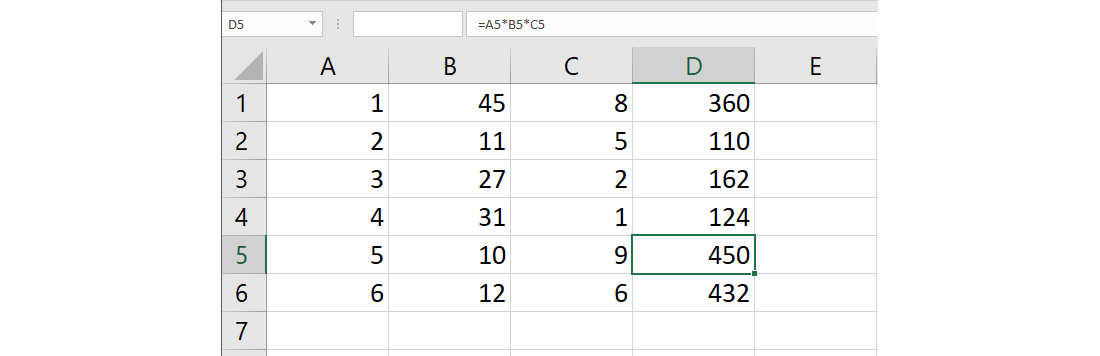 Zrzut ekranu przedstawia fragment arkusza kalkulacyjnego. Na górze po lewej stronie w prostokącie wpisana wartość D5.  Obok po prawej stronie prostokąt, w którym znajduje się napis =A5*B5*C5. Poniżej fragment tabeli arkusza. Cyfra 5 w oznaczeniu wierszy oraz litera D w oznaczeniu kolumn znajdują się na ciemniejszym tle. W arkuszu znajdują się liczby: w wierszach od 1 do 6 oraz w kolumnach od A do D. W wierszu pierwszym kolejno 1, 45, 8, 360.  W wierszu drugim kolejno 2, 11, 5, 110.  W wierszu trzecim kolejno 3, 27, 2, 162.  W wierszu czwartym kolejno 4, 37, 1, 148.  W wierszu piątym kolejno   5, 1, 9, 450.  W wierszu szóstym kolejno 6, 12, 6, 432. Komórka na przecięciu wiersza piątego i kolumny D, zawierająca liczbę 450 jest zaznaczona.