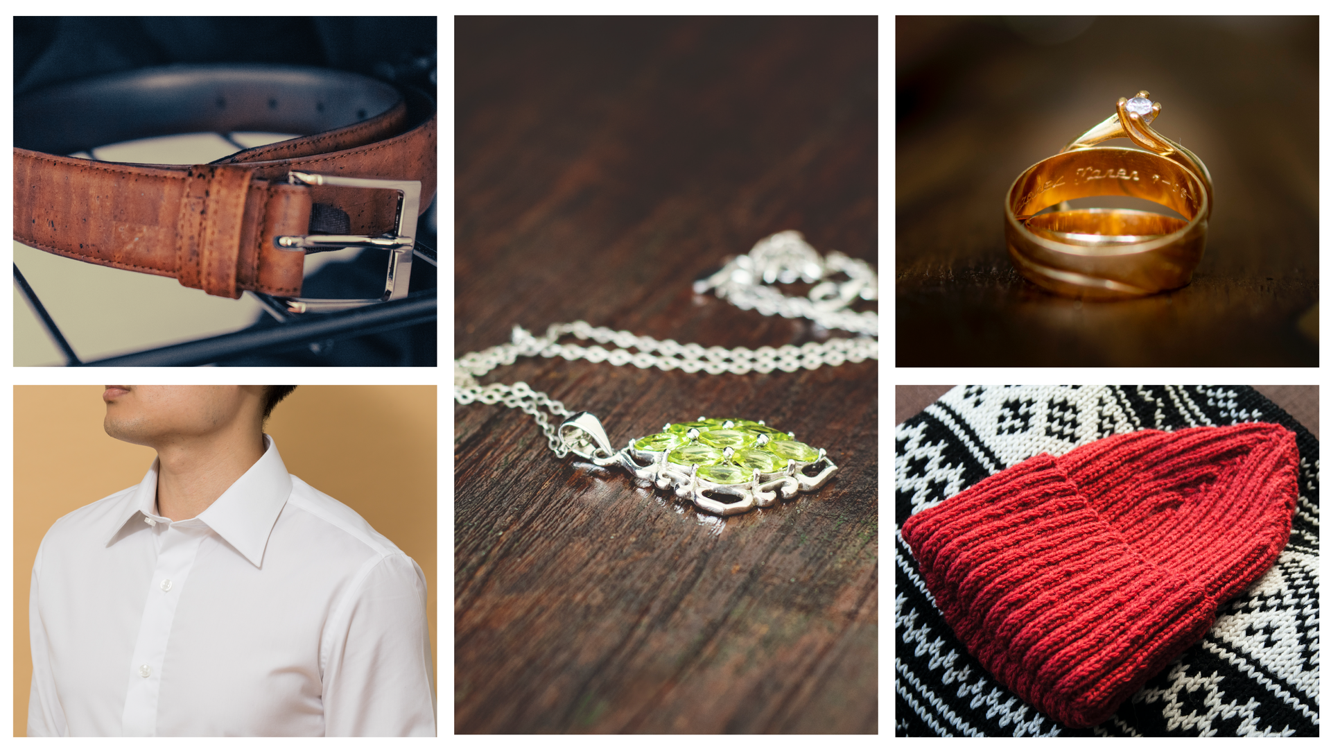 Ilustracja składa się z pięciu zdjęć, które przedstawiają: skórzany pasek, bawełnianą koszulę, wełnianą czapkę, złoty pierścionek, srebrny naszyjnik.