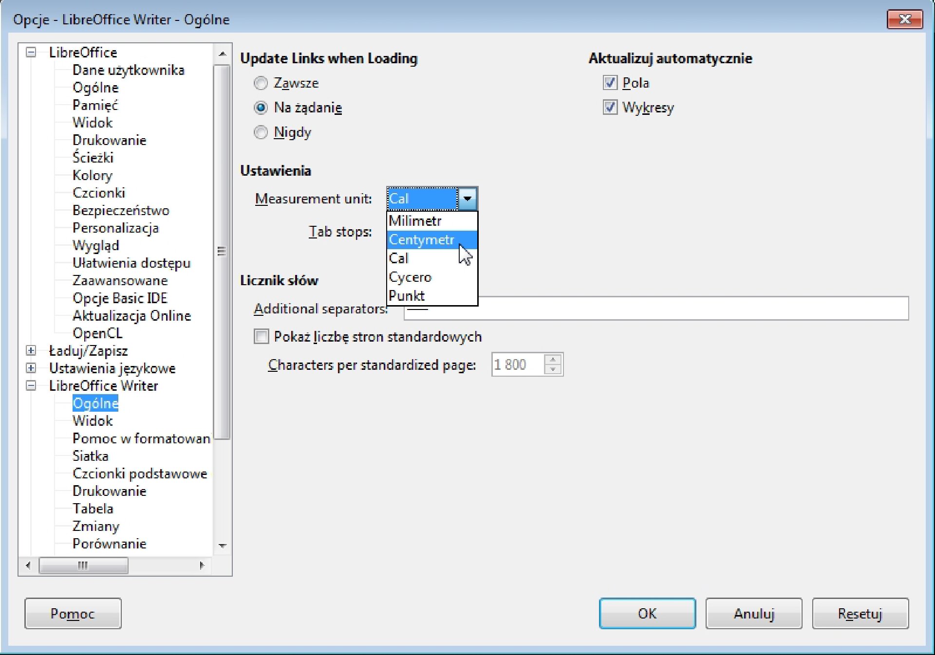 Zrzut okna: Opcje w programie LibreOffice Writer