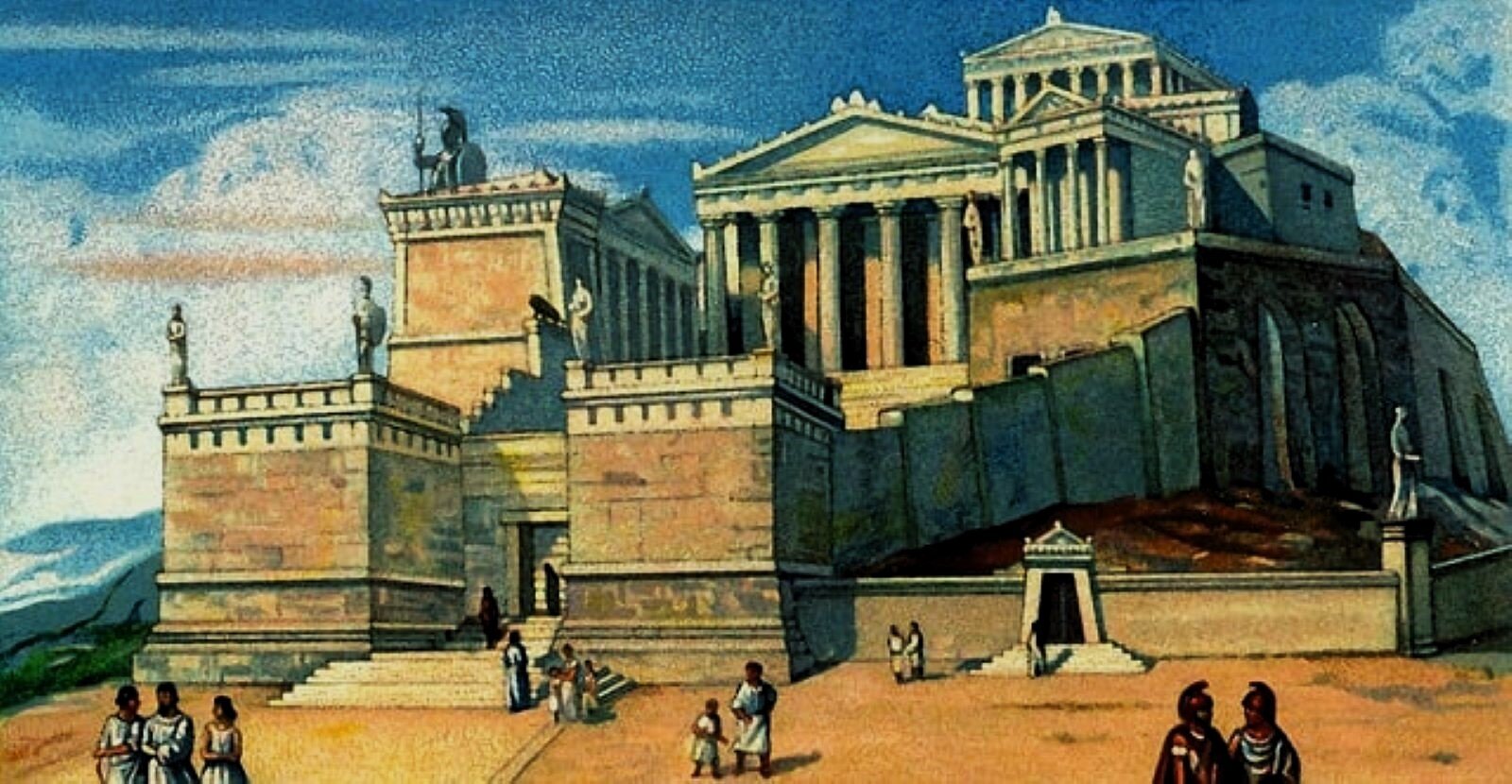 Rycina przedstawia fragment wzgórze w starożytnych Atenach. Przedstawia kilka świątyń otoczonych murem obronnym. Na pierwszym planie widać kilkoro ludzi w ubraniach z epoki. Do świątyń prowadzą schody, po obu stronach schodów znajdują się dwie prostokątne budowle bez okien zwieńczone dwoma posągami, stojącymi na przeciwległych bokach. Schody prowadzą do dużej świątyni z kolumnami, po obu jej stronach znajdują się cztery mniejsze świątynie z kolumnami i tympanonami. Po lewej stronie stoi świątynia ustawiona bokiem do widza, nad jej dachem góruje olbrzymi posąg bogini Ateny trzymającej włócznię oraz okrągłą tarczę. Widać tylko jej głowę i fragment piersi. Niebo jest niebieskie pokryte białymi, kłębiastymi chmurami.