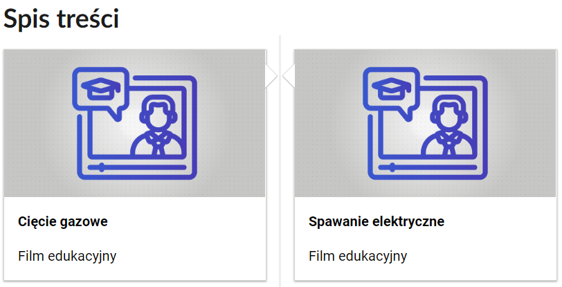 Grafika przedstawia dwa kafelki ze spisu treści. Są umiejscowione obok siebie. Mają prostokątny kształt. Górna część kafelka to szara grafika z symbolem danego multimedium. Dolna część to tytuł i nazwa multimedium. Oba kafelki przedstawiają prostą grafikę ekranu odtwarzania filmu z widoczną na nim postacią. Obok postaci widać dymek, w którym znajduje się biret. Obrazek składa się tylko z niebieskich linii. Podpis pierwszego multimedium brzmi: Cięcie gazowe, film edukacyjny. Podpis drugiego multimedium brzmi: spawanie elektryczne, film edukacyjny.