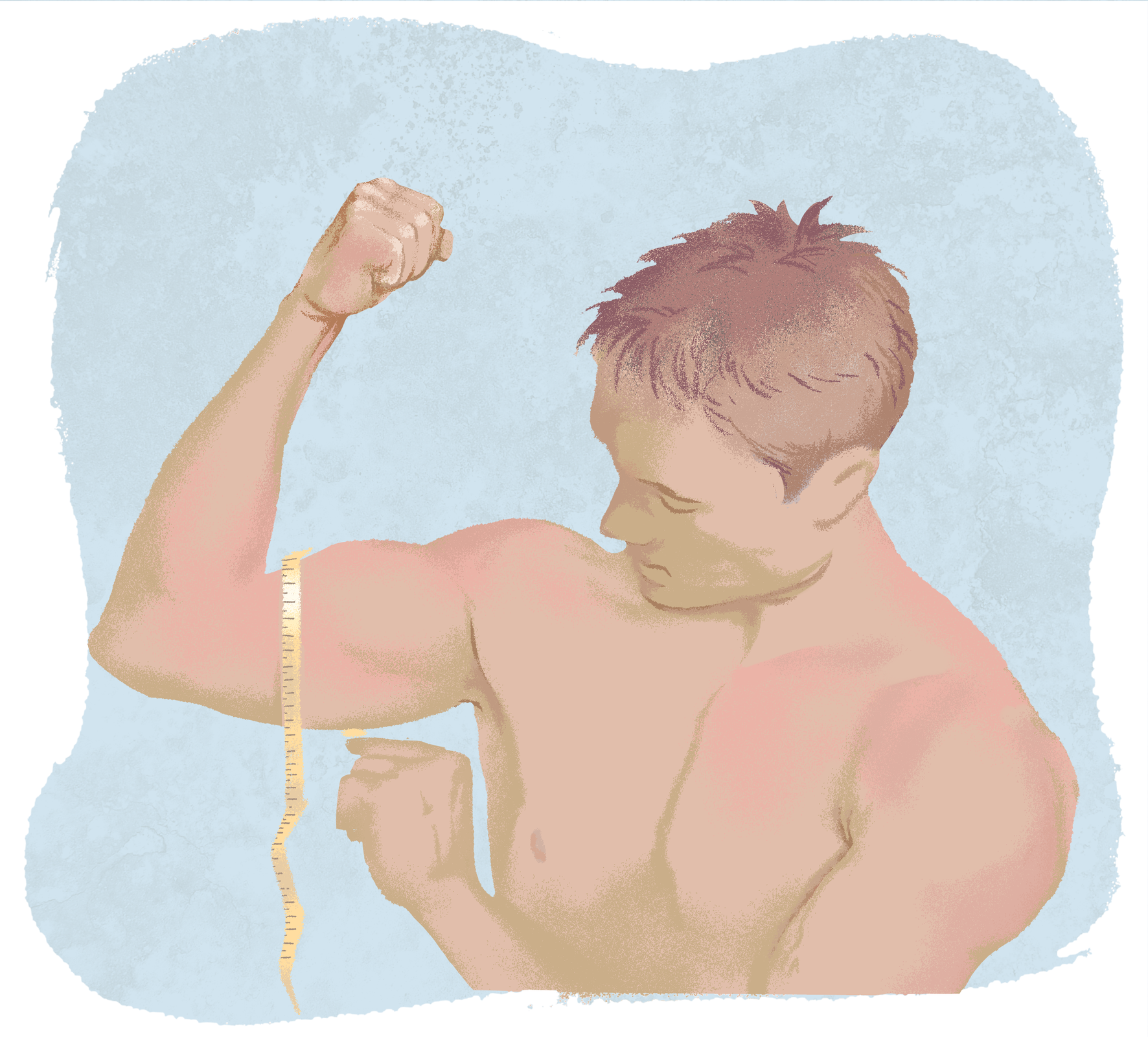 Grafika przedstawia górną połowę ciała młodego mężczyzny, który mierzy obwód bicepsu. Prawą rękę ma uniesioną. Jego pięść jest zaciśnięta, dzięki czemu biceps jest napięty. Na bicepsie owinięty jest żółty centymetr krawiecki.