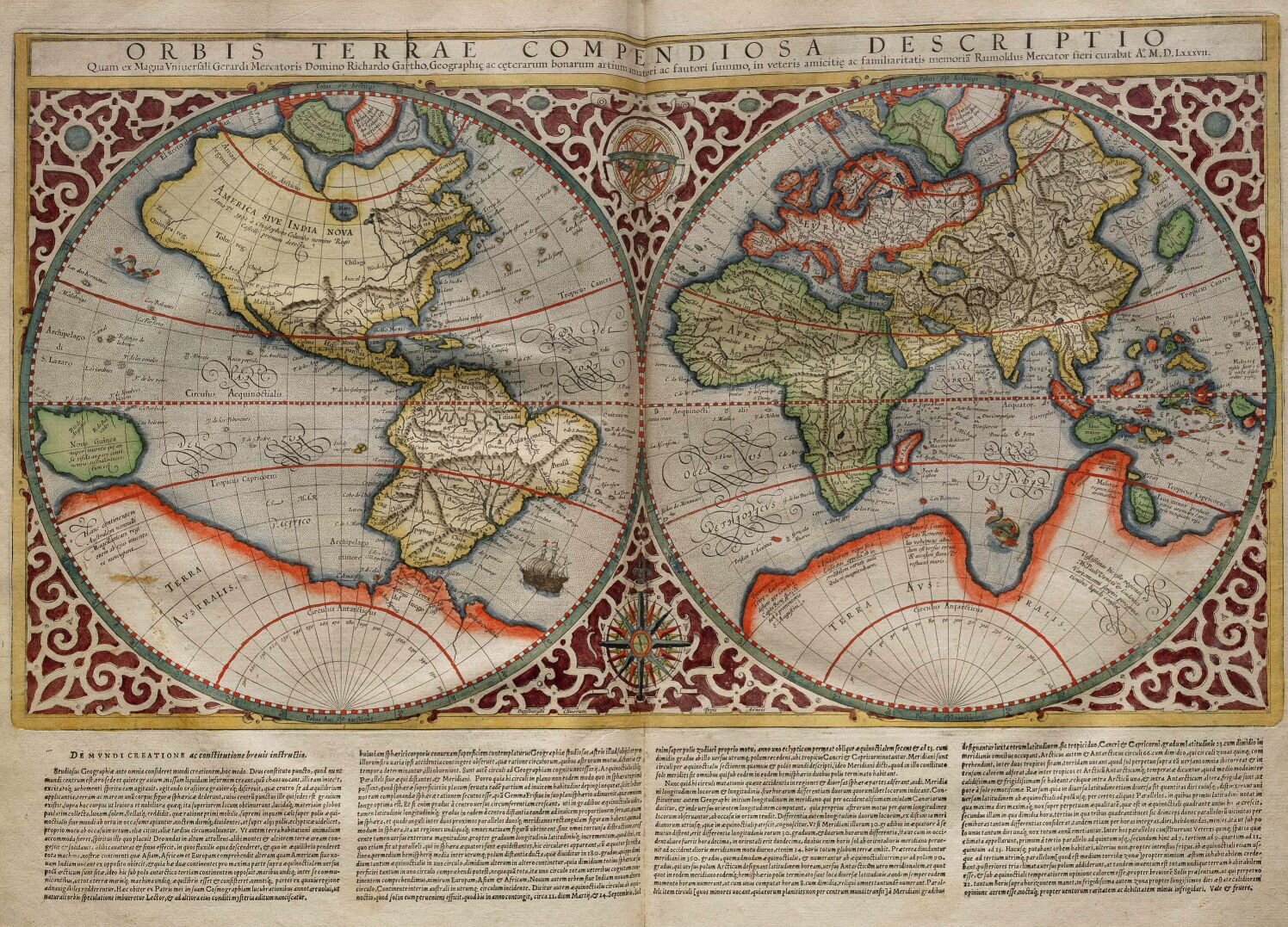 Na zdjęciu przedstawiona została mapa świata z XVI wieku po odkryciach geograficznych. Na dwóch półkulach widoczne kontynenty, m.in.: Azja, Europa, Afryka. Zaznaczone także koła podbiegunowe. Na jednej z półkul namalowany statek. Nad mapą łaciński napis: Orbis Terrae Compendiosa Descriptio. Całość półkul otoczona ornamentem. U dołu napisy. 