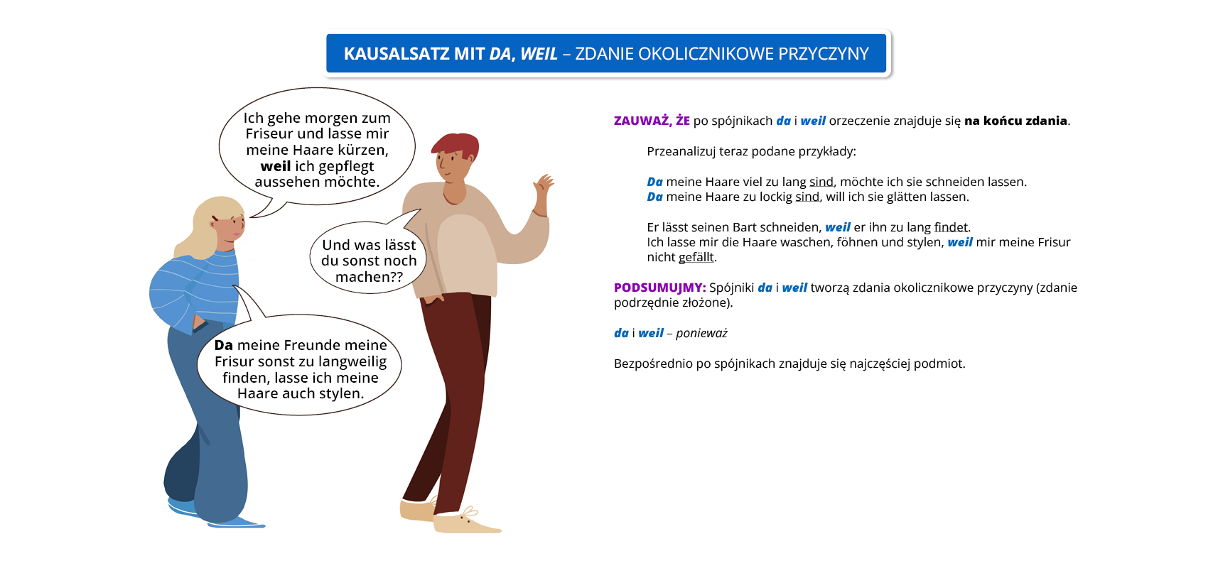 Infografika pod tytułem KAUSALSATZ MIT DA, WEIL – ZDANIE OKOLICZNIKOWE PRZYCZYNY. Widoczny jest rysunek przedstawiający rozmawiających mężczyznę i kobietę. Pozostałą część grafiki zajmuje tekst, którego treść znajduje się w transkrypcji, poniżej grafiki.