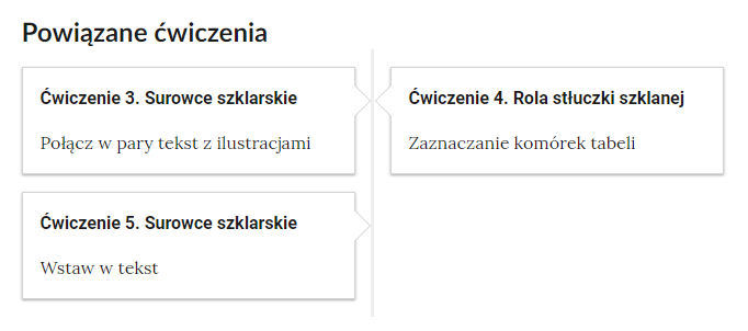 Zrzut ekranu przedstawiający nawigację po lekcji. Widoczne są trzy powiązane ćwiczenia: ćwiczenie 3 Surowce szklane, Połącz w pary tekst z ilustracjami,  ćwiczenie 4 Rola stłuczki szklanej, Zaznaczanie komórek tabeli i ćwiczenie 5 Surowce szklarskie, Wstaw w tekst.