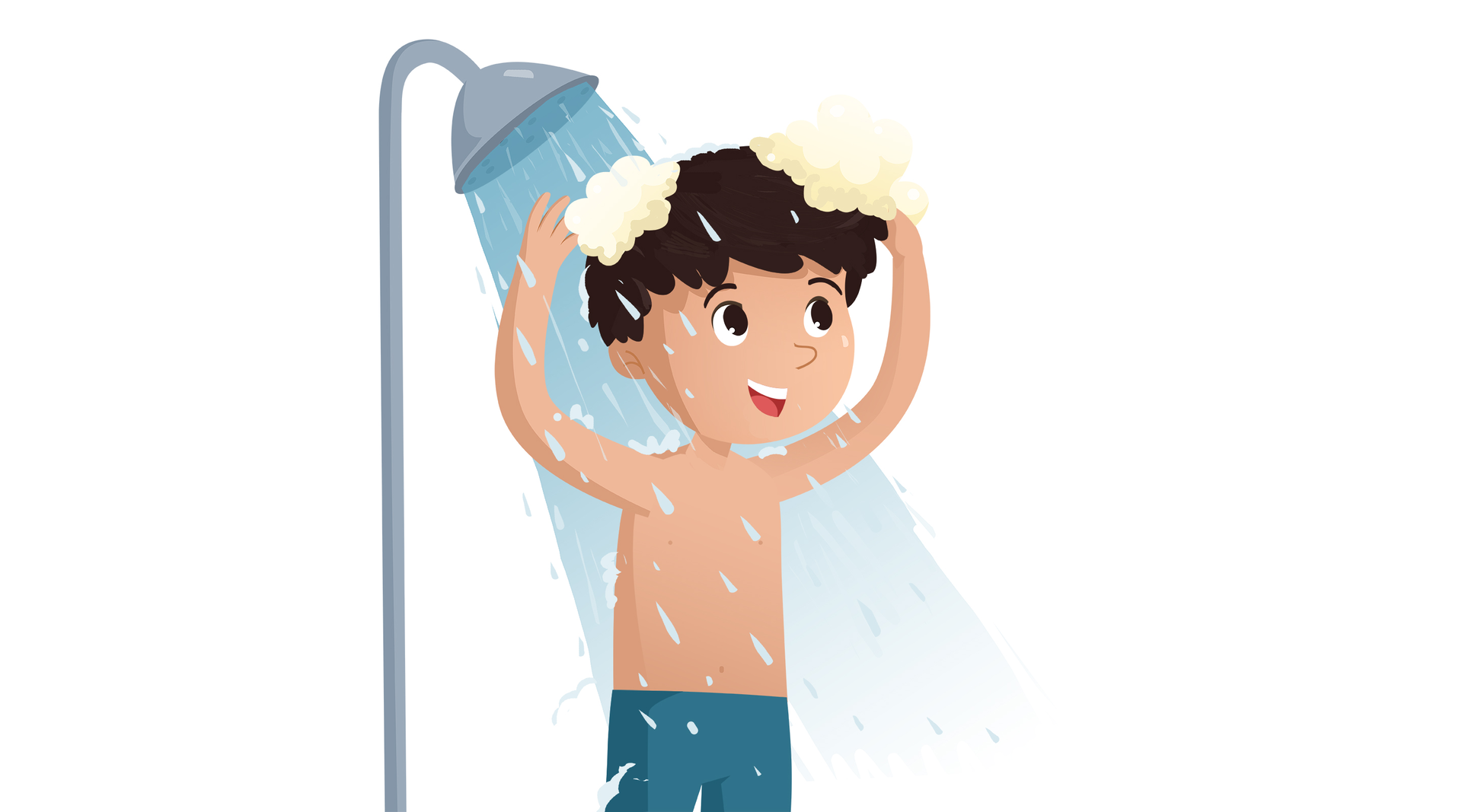 Na ilustracji znajduje się kąpiący się pod prysznicem chłopiec.