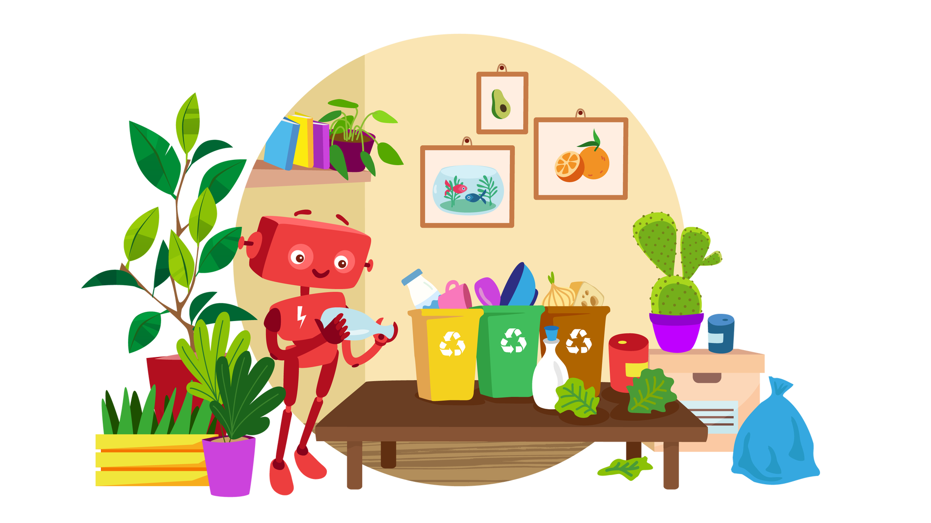 Ilustracja przedstawia pomieszczenie z beżowymi ścianami i ciemnobrązową podłogą. W tle wiszą na ścianie trzy obrazki w brązowych ramkach. Jeden z nich przedstawia okrągłe akwarium z zielonym piaskiem, dwiema zielonymi roślinami o podłużnych listkach i dwiema rybkami – ciemnoróżową i ciemnoniebieską. Drugi przedstawia połowę awokado z brązową pestką, a trzeci pomarańczę z zielonym listkiem i opartą o nią połowę drugiej pomarańczy. Na ścianie po lewej stronie wisi długa jasnobrązowa półka. Stoją na niej trzy książki w kolorowych okładkach – niebieskiej, żółtej i fioletowej – oraz zielona roślina w ciemnofioletowej donicy. Niżej są na podłodze kolejne zielone rośliny – jedna w żółtej skrzynce, druga, bardzo wysoka, w ciemnoczerwonej donicy, trzecia w fioletowej donicy. Po prawej stronie ilustracji leży na podłodze niebieski worek wypełniony śmieciami. Obok niego jest beżowe pudełko z pokrywką, na którym znajduje się zielony kaktus w fioletowej donicy oraz granatowy pojemnik z dziurką i błękitną etykietą. Na środku pomieszczenia stoi niski i długi brązowy stół. Są na nim trzy pojemniki na śmieci. Pierwszy od lewej jest żółty, wypełniony plastikiem. Drugi jest zielony, wypełniony odpadami zmieszanymi. Trzeci jest brązowy, wypełniony bioodpadami, czyli resztkami jedzenia i roślin. Na każdym pojemniku widać trzy białe strzałki tworzące razem trójkątny kształt symbolizujący recykling, czyli przetwarzanie śmieci w celu ich ponownego wykorzystania. Obok znajduje się czerwony pojemnik z dziurką i żółtą etykietą. Na blacie stołu są również dwa zielone liście sałaty oraz biała butelka z niebieskim korkiem. Pod stołem leży trzeci liść sałaty. Po lewej stronie, przy stole stoi uśmiechnięty Zgrzytek. Jest to czerwony robot o prostokątnej głowie z krótkimi antenkami zamiast uszu, dwiema rękami i dwiema nogami. Na przedniej części jego tułowia widnieje biały znaczek w postaci błyskawicy. Zgrzytek patrzy na pustą szklaną butelkę, którą trzyma w rękach.