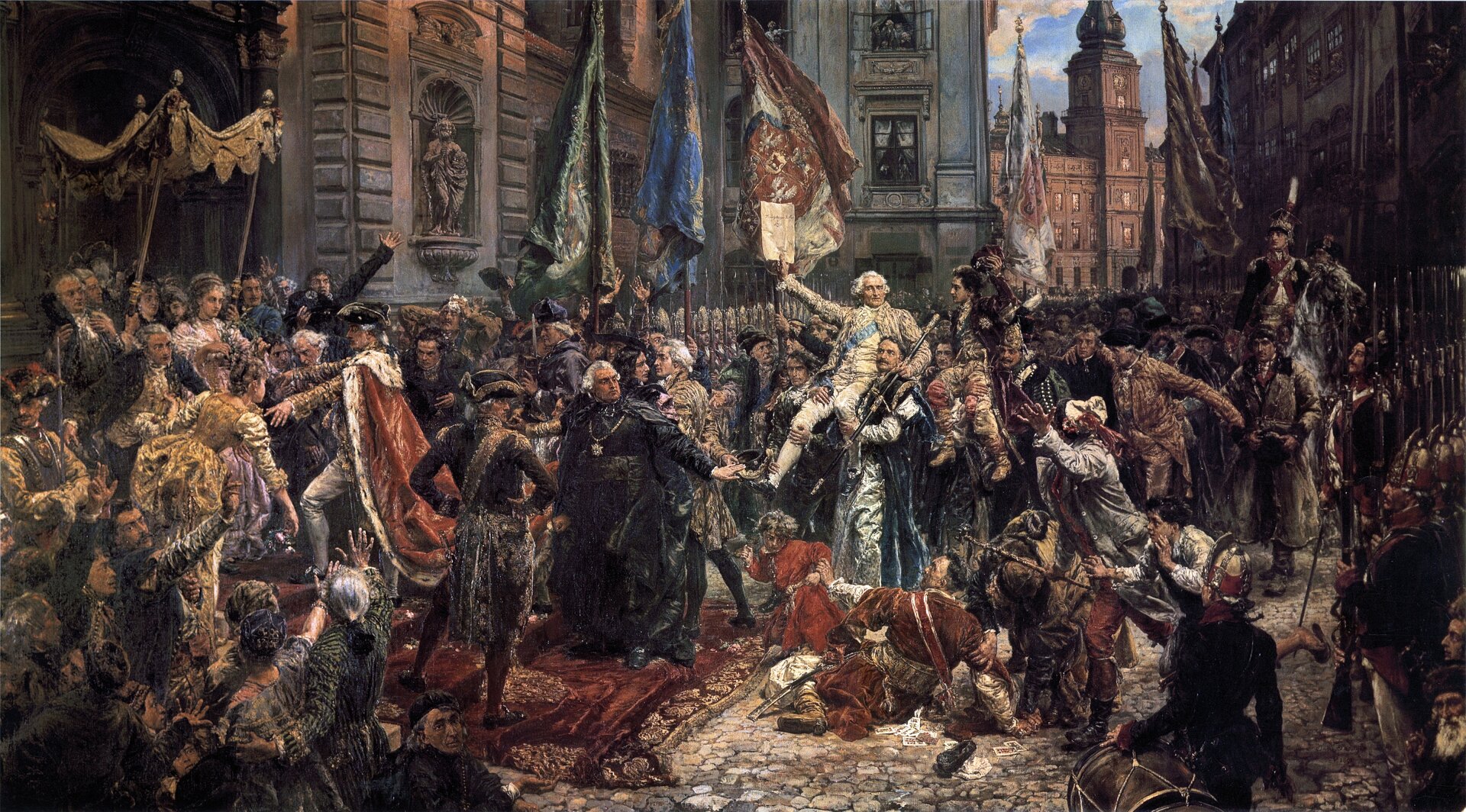 Kliknij, aby powiększyć Płótno przedstawia pochód posłów, który przemieszcza się ulicą wśród rozentuzjazmowanego tłumu mieszkańców Warszawy. Ludzie całują króla i ściskają. Żołnierze ochraniają pochód, prezentując broń. W tle widać fasadę Zamku Królewskiego. W centrum znajduje się marszałek Sejmu Wielkiego Stanisław Małachowski. Niosą go posłowie. W jednej ręce trzyma laskę marszałkowską, a w drugiej unosi tekst Konstytucji 3 Maja. Po schodach do kolegiaty św. Jana wchodzi król Stanisław August Poniatowski, na ramionach ma założony płaszcz koronacyjny. Pod baldachimem stoją książęta i mieszczanie. Pośrodku obrazu przedstawiona jest scena, w której jeden ze szlachty chce nożem ugodzić swojego synka. Synek próbuje mu się wyrwać. Drugą postacią niesioną na ramionach przez posłów jest Kazimierz Nestor Sapieha marszałek konfederacji litewskiej, drugi marszałek Sejmu Wielkiego. Na koniu w mundurze siedzi bratanek książę Józef Poniatowski.
