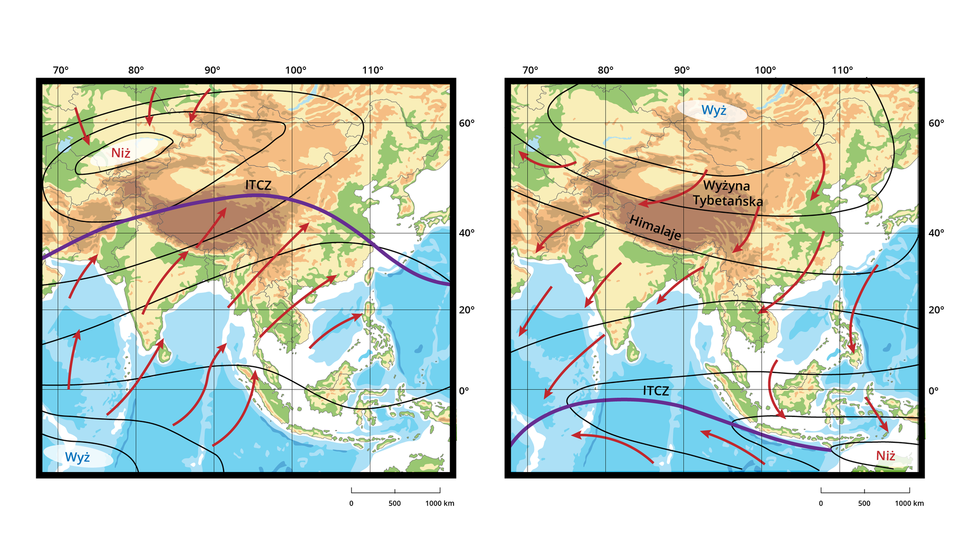Mapy ilustrują występowanie monsunów w Azji Południowo-Wschodniej. Na obu mapach znajduje się południowa część Azji z Wyżyną Tybetańską oraz Himalajami. Wyżyna zaznaczona jest kolorem pomarańczowym, a Himalaje brązowym. Niż umiejscowiony jest północnej części pierwszej mapy i jest otoczony trzema rozchodzącymi się kręgami. Do tego miejsca prowadzą w dół trzy czerwone strzałki. Poniżej, tuż nad Himalajami przebiega fioletowa linia opisana jako ITCZ. Do niej prowadzą od zaznaczonego na południu mapy wyżu liczne, czerwone, skierowane w górę strzałki. Druga mapa prezentuje ten sam teren, natomiast na północy mapy zaznaczony jest wyż znajdujący się nad Wyżyna Tybetańską. Otoczony jest trzema rozchodzącymi się, coraz większymi kręgami. Fioletowa linia ITCZ zaznaczona jest na dole mapy i łączy się z obszarem opisanymi jako niż. Od góry do linii ITCZ prowadzi wiele skierowanych w dół, czerwonych strzałek, natomiast od dołu do linii prowadzą dwie strzałki z grotami skierowanymi w górę.