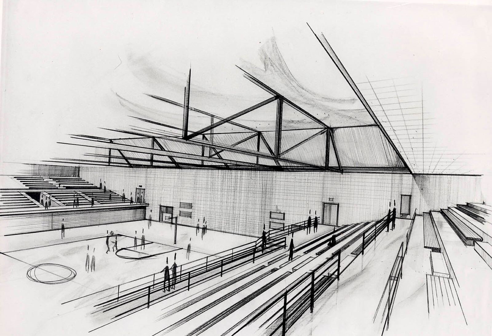 Ilustracja przedstawia rysunek hali sportowej, wykonany ręką architekta. Kreska jest dynamiczna, pewna, z zachowaniem zasad perspektywy. To szkic koncepcyjny, ukazujący wstępny pomysł architekta. 