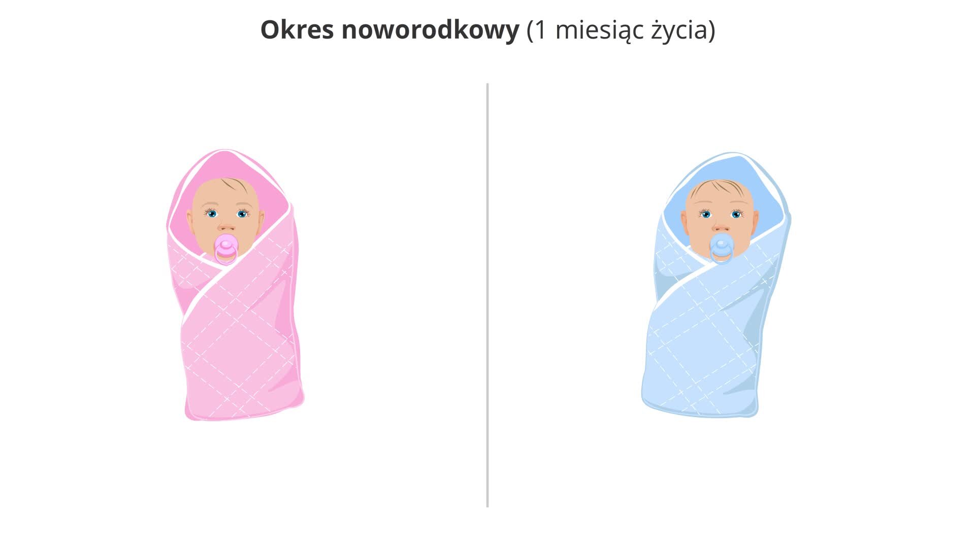 Ilustracja prezentuje noworodka żeńskiego w różowym beciku i ze smoczkiem w buzi oraz noworodka męskiego w niebieskim beciku i również ze smoczkiem.