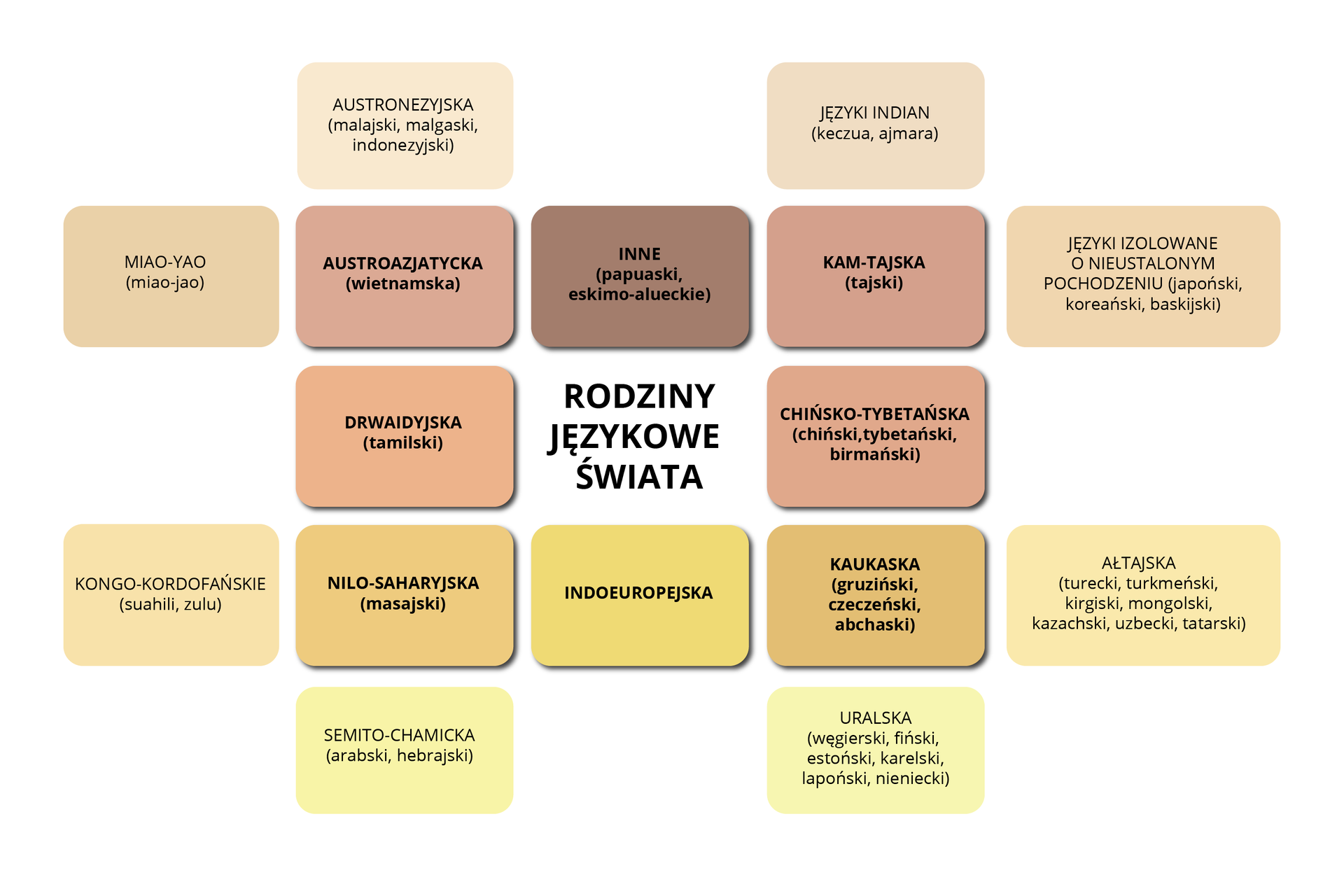 Schemat przedstawia rodziny językowe świata – taki napis widnieje w centrum ilustracji: dookoła niego znajdują się prostokąty z opisanymi grubą czcionką głównymi rodzinami językowymi, a na brzegu schematu prostokąty z rzadko występującymi rodzinami językowymi. W ośmiu głównych, centralnie ułożonych prostokątach występują napisy: azjatycka (wietnamska); inne (papuaski, eskimo-alueckie); kam-tajska (tajski); chińsko – tybetańska (chiński, tybetański, birmański); kaukaska (gruziński, czeczeński, abchaski); indoeuropejska; nilosaharyjska (masajski); drwaidyjska (tamilski). Na prostokątach usytuowanych na obrzeżu schematu znajdują wyszczególnione inne rodziny językowe: austronezyjska (malijski, malgaski, indonezyjski); języki Indian (keczua, ajmara); języki izolowane o nieustalonym pochodzeniu (japoński, koreański, baskijski); ałtajska (turecki, turkmeński, kirgiski, mongolski, kazachski, uzbecki, tatarski); uralska (węgierski, fiński, estoński, karealski, lapoński nieniecki) ; semito – chamicka (arabski, hebrajski); kogo – kordofańskie (suahili, zulu); miao – yao (miao – jao).