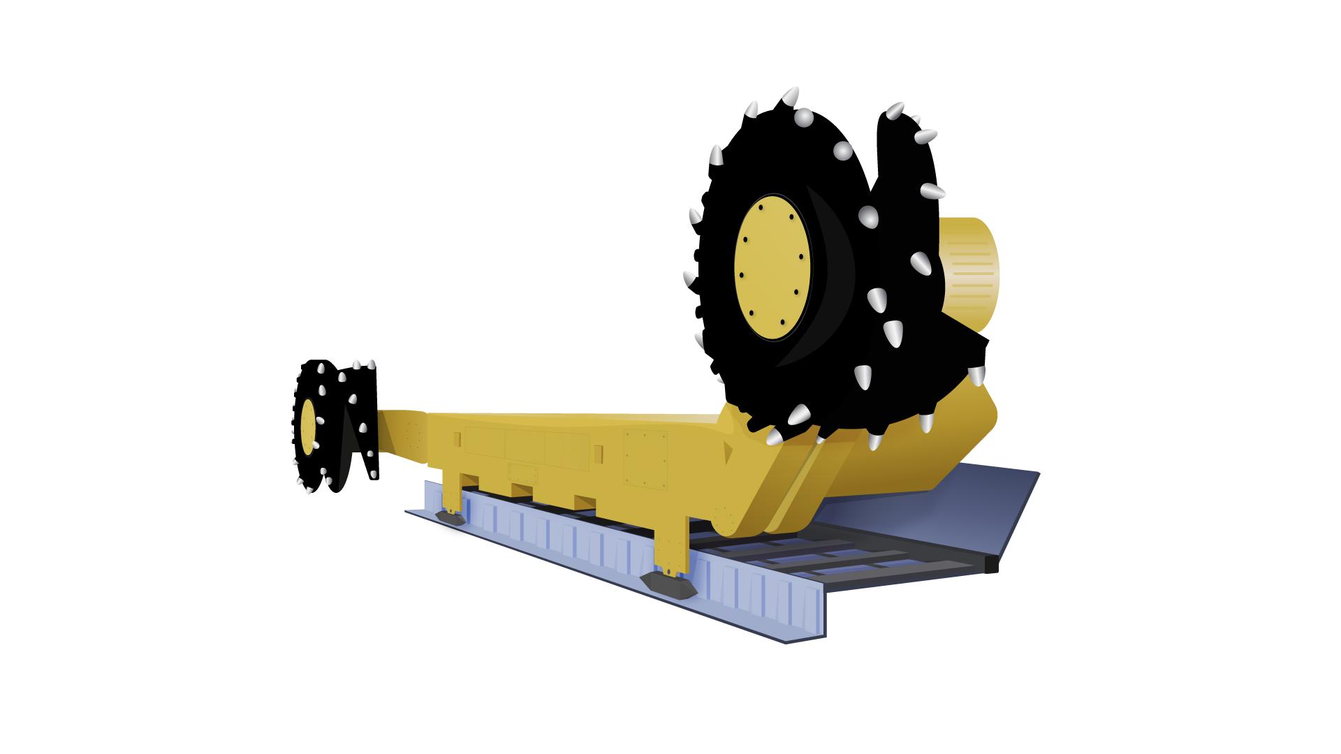 Ilustracja przedstawia model kombajnu ścianowego, dwuramionowego, znajdującego się na przenośniku ścianowym (zgrzebłowym). Kombajn ścianowy jest to maszyna górnicza służąca do pozyskiwania węgla z pokładu, która porusza się po specjalnej konstrukcji przenośnika zgrzebłowego. Preznośnik zgrzebłowy jest to urządzenie przeznaczone do transportu materiałów sypkich. Kombajn ścianowy (kolor żółty) wyposażony jest w dwa organy urabiające (kolor czarny) znajdujące się na obu końcach kombajnu. Jeden organ umiejscowiony jest na wysokości kombajnu, natomiast drugi powyżej. Organ urabiający ma kształt ślimakowy i jest wyposażony w noże, które służą do urabiania węgla. Kombajn znajduje się na przenośniku zgrzebłowym, na którym porusza się w obie strony podczas urabiania ściany węglowej.