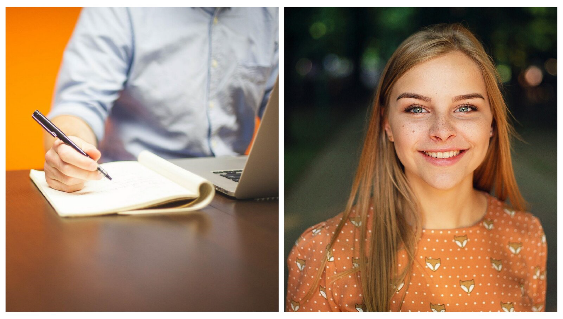 Grafika składa się z dwóch zdjęć. Na pierwszym z lewej widoczny jest mężczyzna siedzący przy biurku, przed laptopem, który w prawej ręce trzyma długopis notując coś w zeszycie. Na zdjęciu z prawej strony jest młoda kobieta w długich blond włosach i pomarańczowej bluzce w białe kropki i głowy lisków. Uśmiecha się.