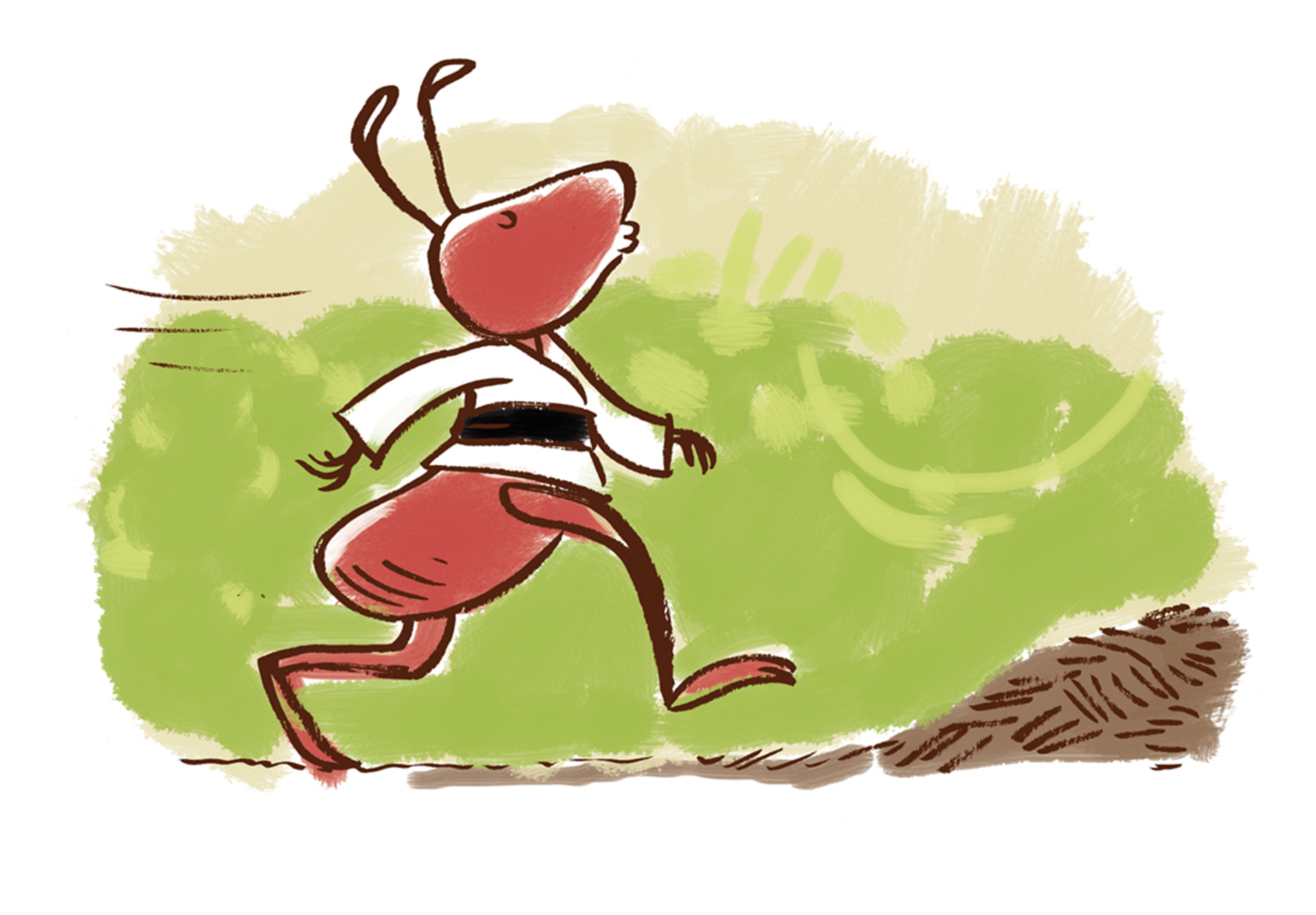 Kolorowa ilustracja przedstawia dużą mrówkę w ujęciu z boku, idzie na dwóch nogach, ma też dwie łapki i cienkie dłonie. Pogwizduje. Ubrana jest w bluzę od kimona przewiązaną czarnym pasem. Idzie po płaskiej brązowej powierzchni, przed nią małe wzniesienie. Tło jest zielono‑szare.