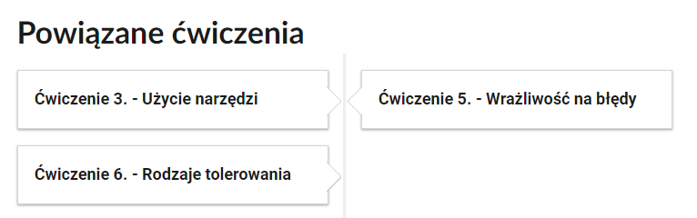 Widok przykładowego przycisku ćwiczeń powiązanych z danym multimedium. Tu trzy prostokąty. Na każdym inny napis: Ćwiczenie 3. Użycie narzędzi; Ćwiczenie 6. Rodzaje tolerowania; Ćwiczenie 5. Wrażliwość na błędy. 