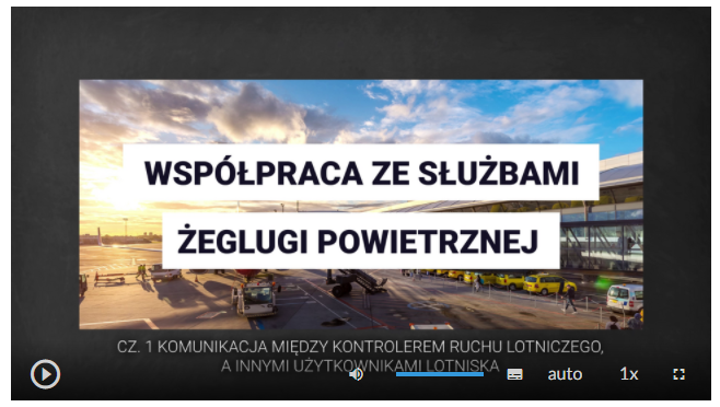 Ilustracja przedstawia kadr z filmu. W centralnej części jest prostokątny obrazek przedstawiający port lotniczy. W centrum obrazka jest tytuł serii filmów a poniżej przy dolnej krawędzi kadru jest tytuł danej części. Oprócz tego w lewym dolnym rogu jest przycisk do włączania i zatrzymywania filmu. Obok po kolei znajdują się przyciski do zmieniania poziomu głośności, napisów, jakości, prędkości odtwarzania oraz do powiększenia ekranu. 