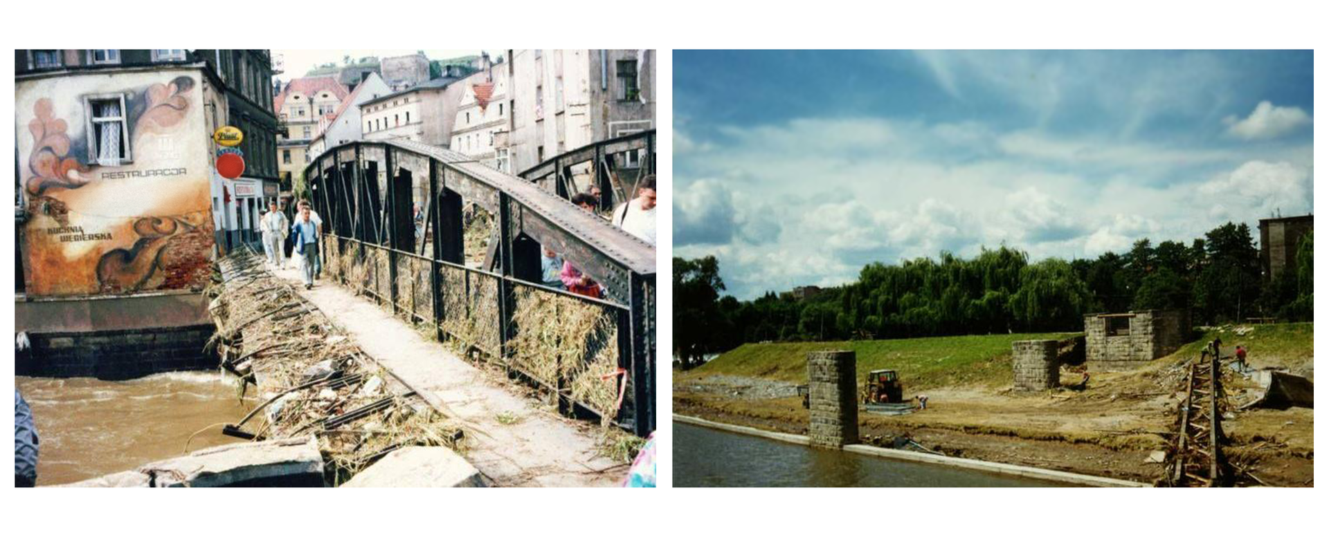 Dwie fotografie prezentujące skutki powodzi w 1997 r. Na pierwszej widoczny zniszczony do połowy most na rzece, po którym idą ludzie. Na drugiej fotografii widoczne pozostałości budowli stojącej nad brzegiem rzeki.