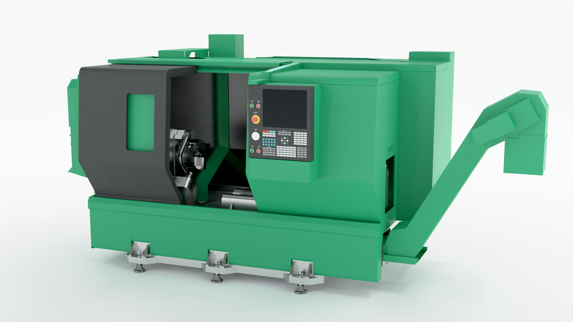 Na zdjęciu widoczna jest przykładowa maszyna CNC czyli tokarka. Maszyna ma kształt dużego prostopadłościanu. Na przedniej ścianie widoczny jest panel sterujący. Panel składa się z ekranu dotykowego oraz dużej ilości przycisków. Po lewej stronie panelu widoczna jest zamykana komora. W komorze widoczne jest urządzenie o kształcie walca. 