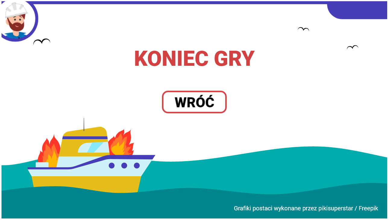 Grafika przedstawia przykładową planszę informującą o końcu gry w grze wcielanie się w role. W tle widać płynący po morzu płonący statek. Na ekranie widnieje tekst: koniec gry. Poniżej widać przycisk „wróć”, umożlwiający przejście do ekranu startowego.