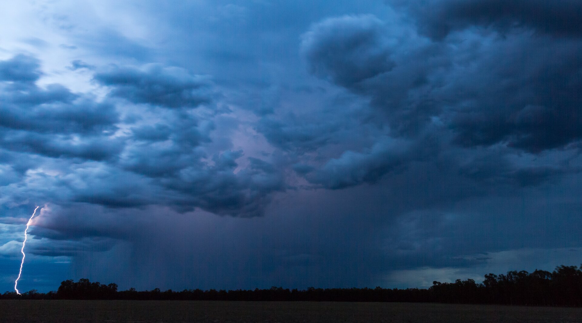 Zdjęcie przedstawiające wieczorne granatowo szare zachmurzone niebo oraz pole, a w głębi las w dolnej części fotografii. Po lewej stronie wyładowanie elektryczne.