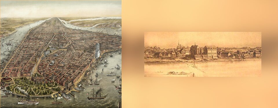 Ilustracja przedstawia zestawione ze sobą litografię z Nowym Jorkiem i rysunek ukazujący fragment dziewiętnastowiecznej Warszawy. Litografia przedstawia plan miasta. To Nowy Jork w drugiej połowie dziewiętnastego wieku. Miasto ukazane jest z lotu ptaka. W centralnej części widać Manhattan. Okala go z dwóch stron rzeka Hudson. Ulice miasta są gęsto zabudowane małymi budynkami. Pomiędzy nimi widać ulice. Po prawej stronie pokazany jest duży most. Na rzece pływa mnóstwo statków: parowych i żaglowych. Miasto ciągnie się aż po horyzont. Rysunek przedstawia na pierwszym planie Wisłę, a za nią stojące na jej brzegu zabudowania miejskie – kamienice, budynki, kościoły.