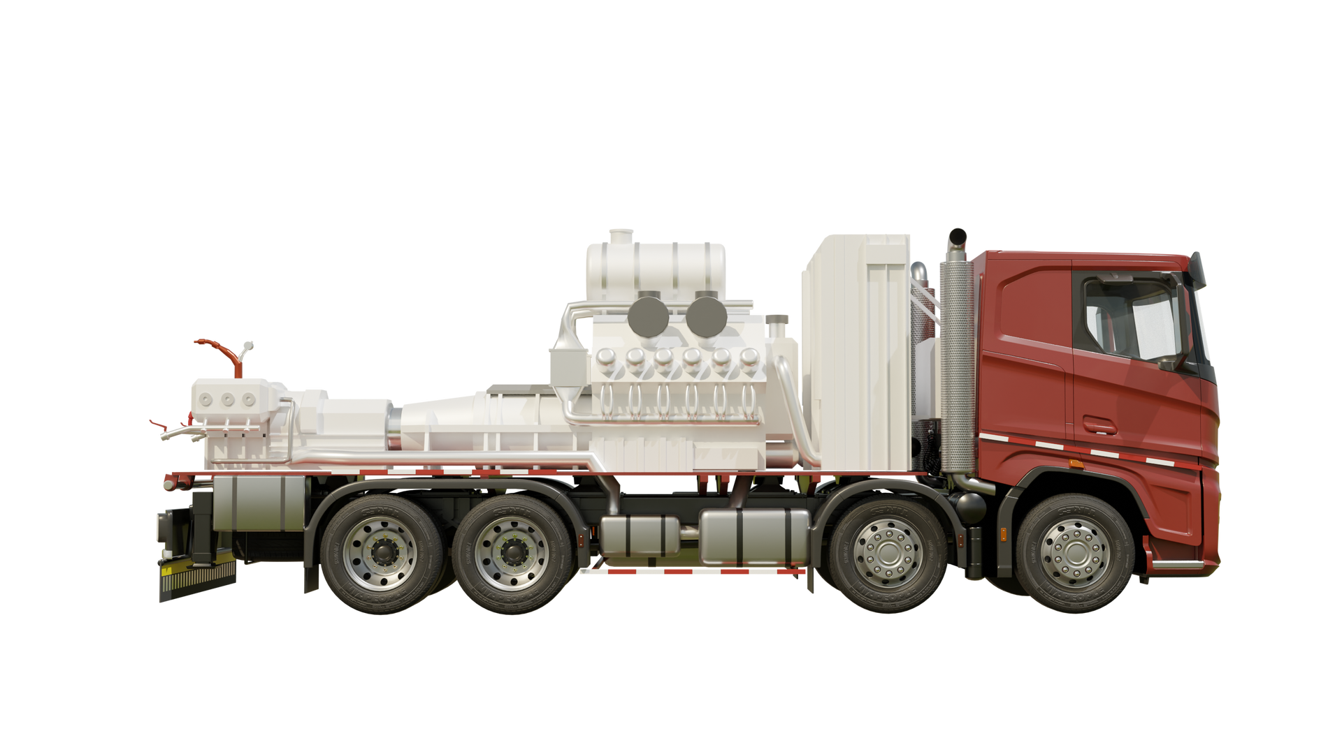 Na zdjęciu widać animowany agregat pompowy na podwoziu ciągnika siodłowego. Centralnym elementem zdjęcia jest biały agregat pompowy. Agregat jest zamontowany na podwoziu ciągnika siodłowego za czerwona kabiną kierowcy. Agregat z wyglądy przypomina duży silnik. Środkowa cześć agregatu ma kształt podłużnego cylindra. Na końcu urządzenia znajduje się element przypominający mniejszy silnik do którego biegnie biała rura.