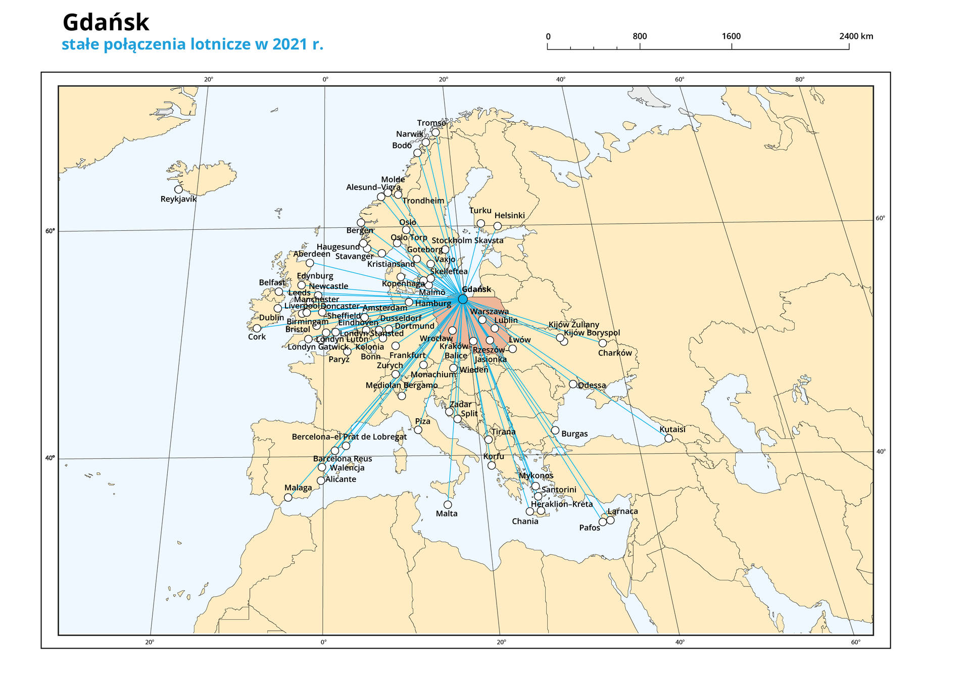 Ilustracja przedstawia fragment mapy Europy i obrazuje stałe połączenia lotnicze z Bydgoszczy w roku 2021. Polska oznaczona jest kolorem pomarańczowym. Pozostałe kraje na żółto z szarymi granicami. W Polsce niebieską kropką oznaczono Gdańsk, z którego niebieskimi liniami oznaczono połączenia lotnicze z następującymi miastami na mapie oznaczonymi białym kółkami: Tromso, Narwik, Bodo, Molde, Alesund‑Vigra, Trondheim, Bergen, Oslo, Turku, Helsinki, Oslo Torp, Stockholm Skavsta, Goteborg, Haugesund, Aberdeen, Stavanger, Kristiansand, Vaxjo, Skelleftea, Kopenhaga, Malmo, Edynburg, Belfast, Newcastle, Leeds, Manchester, Liverpool, Doncaster Sheffield, Amsterdam, Hamburg, Dusseldorf, , Eindhoven, Dortmund, Dublin, Cork, Birmingham, Bristol, Londyn Gatwick, Londyn Stansted, Londyn Luton, Kolonia, Bonn, Paryż, Frankfurt, Zurych, Monachium, Mediolan, Bergamo, Barcelona el Prat de Lobregat, Barcelona Reus, Walencja, Alicante, Malaga, Piza, Wrocław, Kraków Balice, Wiedeń, Zadar, Split, Malta, Rzeszów Jasionka, Tirana, Korfu, Mykonos, Santorini, Heraklion‑Kreta, Chania, Pafos, Larnaca, Burgas, Warszawa, Lublin, Lwów, Odessa, Kutaisi, Kijów Żuliany, Kijów Boryspol, Charków. Nad mapą po prawej stronie podziałka liniowa od 0 do 2400 km co 800 km. Podpis – nad mapą: Gdańsk stałe połączenia lotnicze w 2021 r.