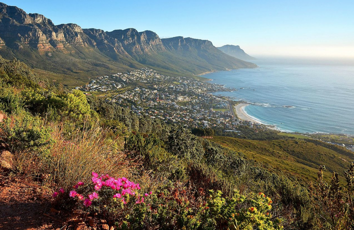 Na fotografii uwidoczniono panoramę miejscowości nad brzegiem morza lub oceanu. W środkowej części zdjęcia widoczne są gęste zabudowania. Od lewej stykają się one z półokrągłą zatoką. Za miejscowością widoczne jest wysokie pasmo górskie, kształtem przypominające długą falę. Nad górami i wodą widoczne jest błękitne niebo. Z przodu fotografii, na wzniesieniu, z którego roztacza się panorama, rośnie drobna roślinność, w różnych odcieniach zieleni. Są tu także drobne różowe kwiaty.