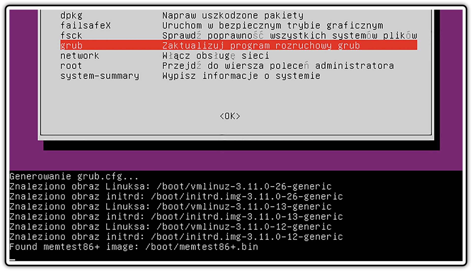 Ilustracja przedstawiająca okno procesu aktualizowania programu rozruchowego Grub w systemie Linux Ubuntu