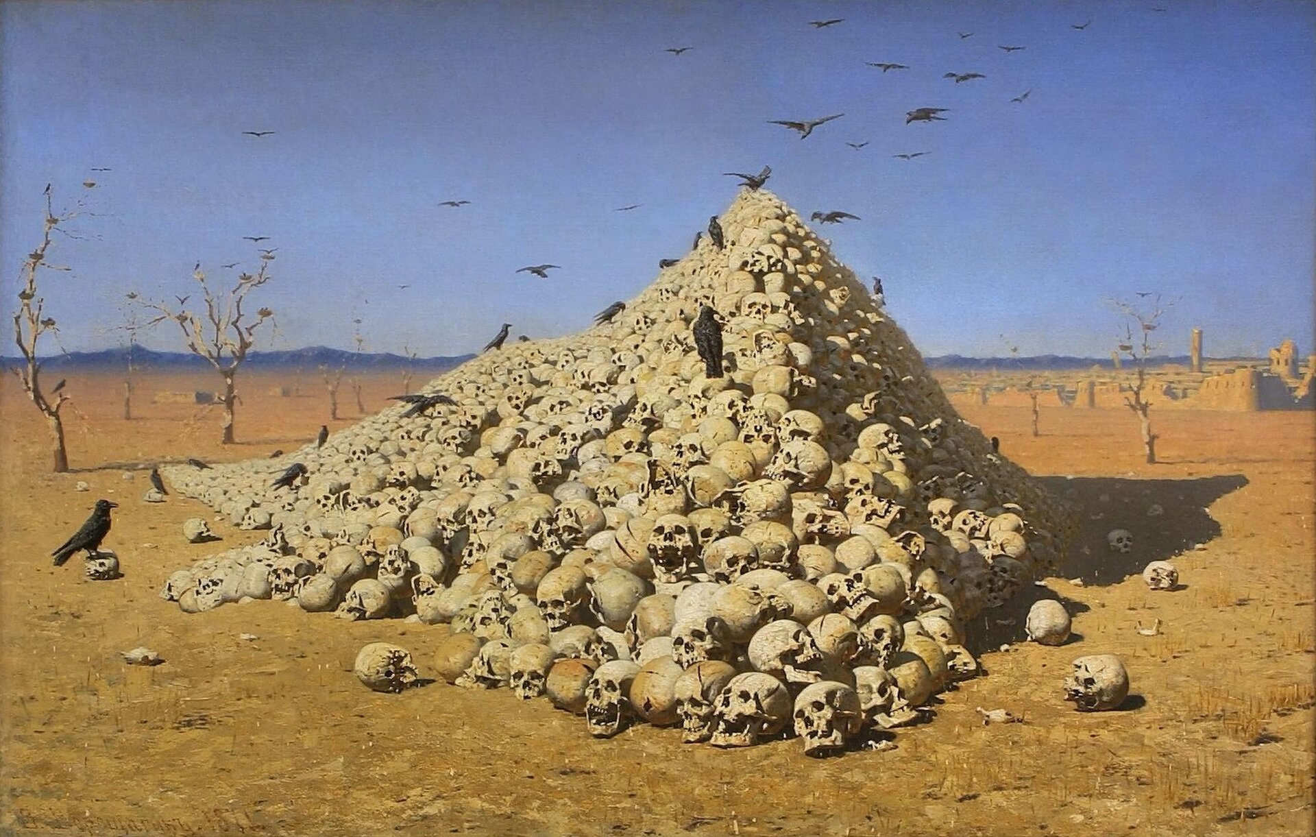 Ilustracja przedstawia dzieło Wereszczagin, „Apoteoza wojny”, które przedstawia ludzkie czaszki ułożone w skarpę. Nad czaszkami latają czarne ptaki.