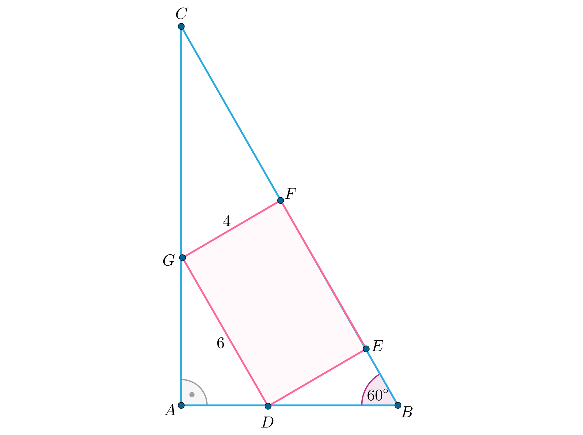 Ilustracja przedstawia trójkąt prostokątny ABC. Kąt przy wierzchołku B ma miarę 60 stopni. W trójkąt wpisano prostokąt DEFG o bokach GD długości 6 i GF o długości cztery.