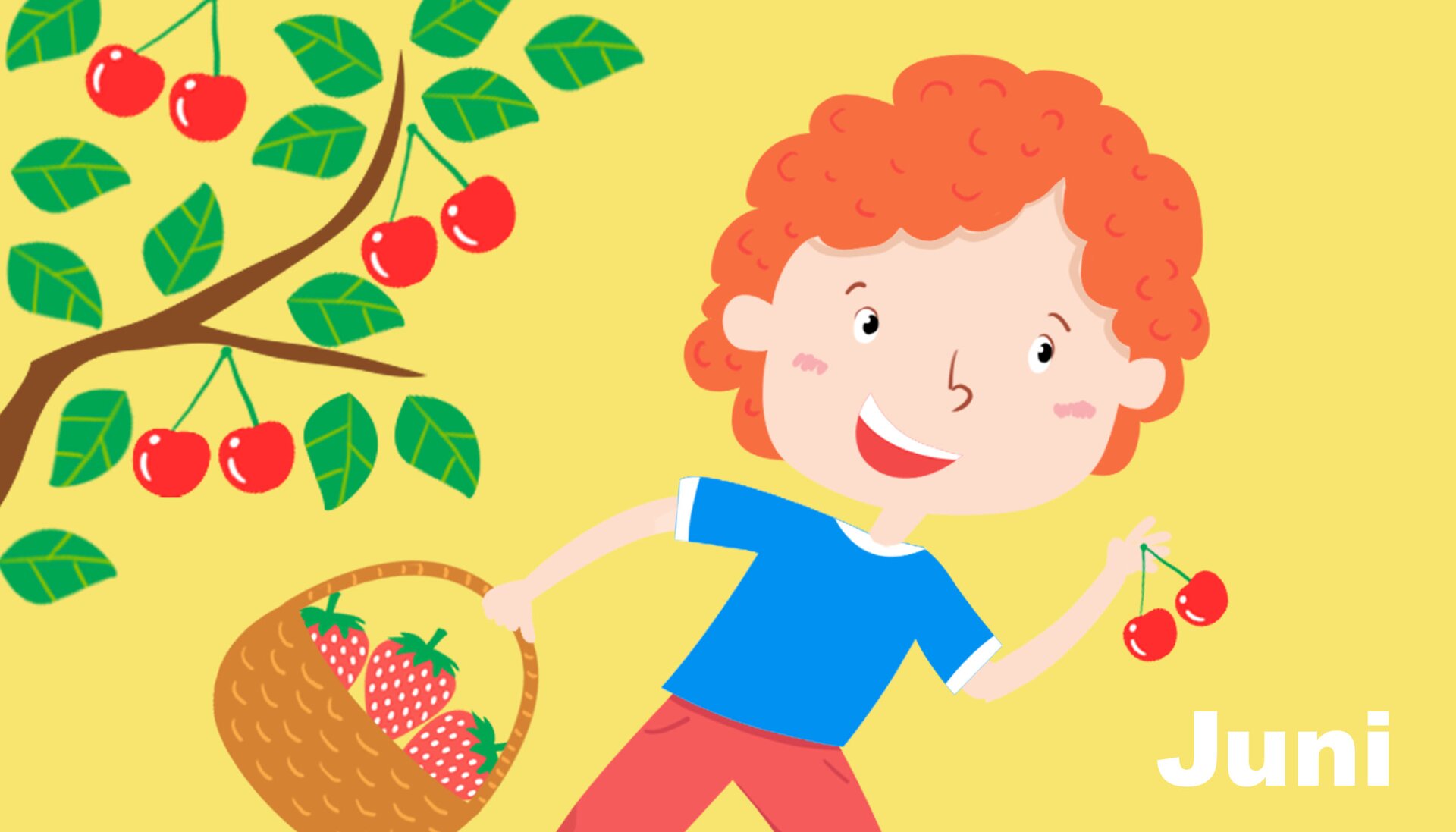 Na ilustracji znajduje się chłopiec z koszyczkiem truskawek. W ręku ma czereśnie.