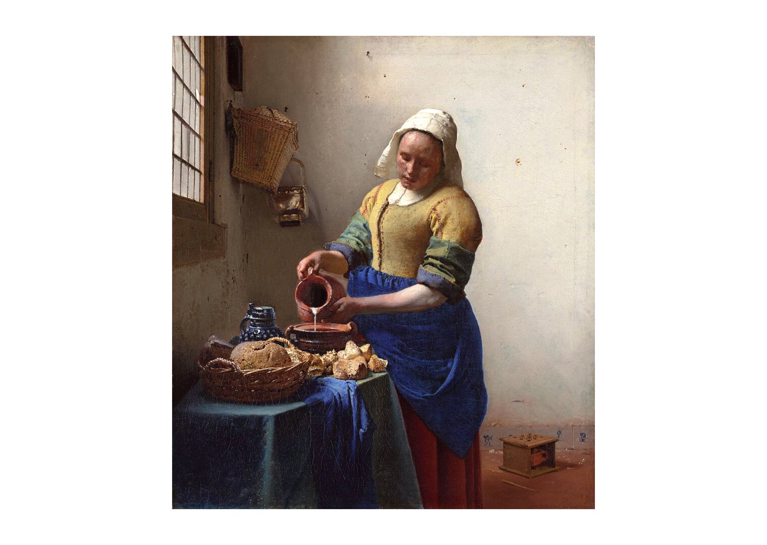 Obraz przedstawia kobietę nalewającą mleko. Ma na sobie prostą sukienkę. Przepasana jest niebieskim fartuchem. Na głowie ma czepiec. Nalewa mleko do naczynia, które stoi na stole. Poza tym na stole stoi kosz z chlebem. Scena odbywa się w pomieszczeniu, w świetle dziennym.