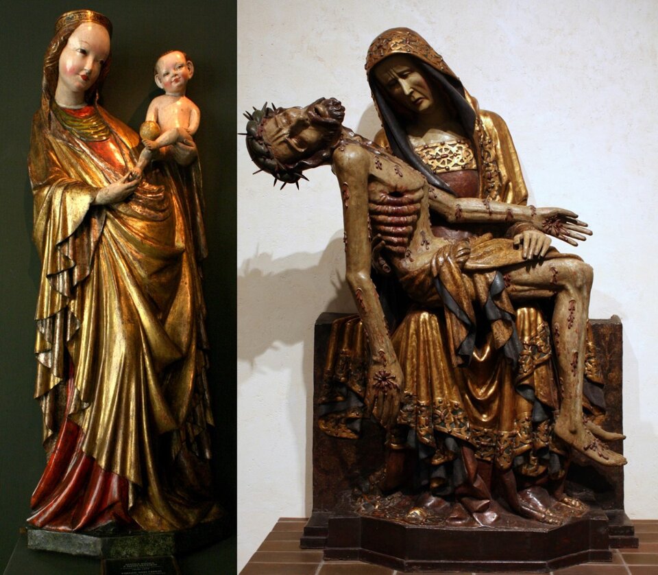 Ilustracja przedstawia dwie fotografie w jednej linii: z lewej: rzeźbę Madonny trzymającą dziecko na rękach. Kobieta ubrana jest w złotą szatę oraz wystającą spod niej czerwoną suknię. Kobieta ma brązowe włosy. Dziecko trzymane przez Madonnę jest gołe oraz ma rudawe włosy. Obie postacie się uśmiechają. Z prawej strony fotografia przedstawia Ilustracja przedstawia figurę, na której Matka Boska opłakuje śmierć Jezusa. Maryja ubrana jest w złote szaty, ma także złoty kaptur. Na jej kolanach spoczywa ciało Chrystusa – poranione, z widocznymi żebrami oraz dziurami w ciele. Na głowie widoczna jest korona cierniowa.