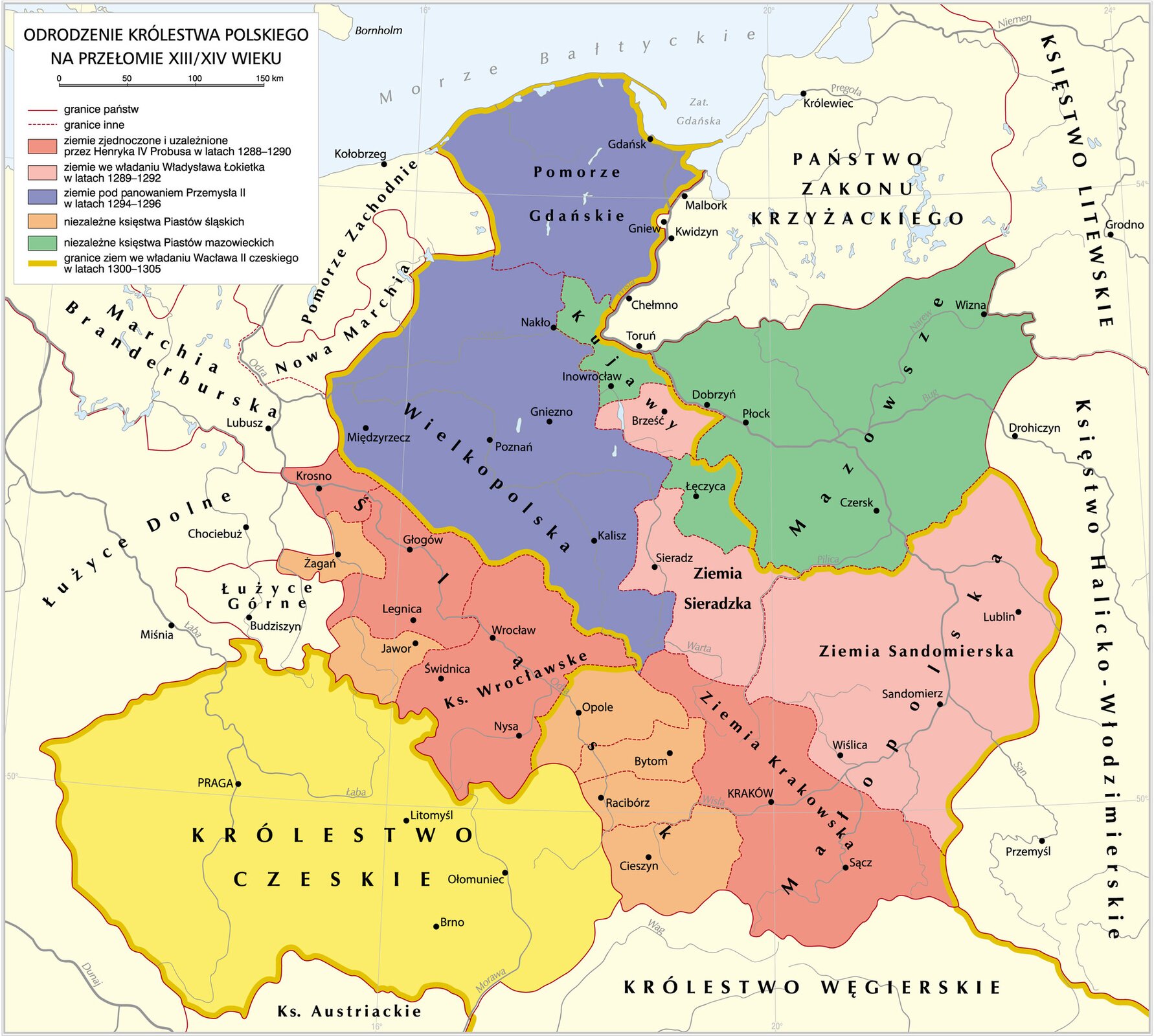 Grafika mapy przedstawiającej odrodzenie Królestwa Polskiego w XIII-XIV wieku.