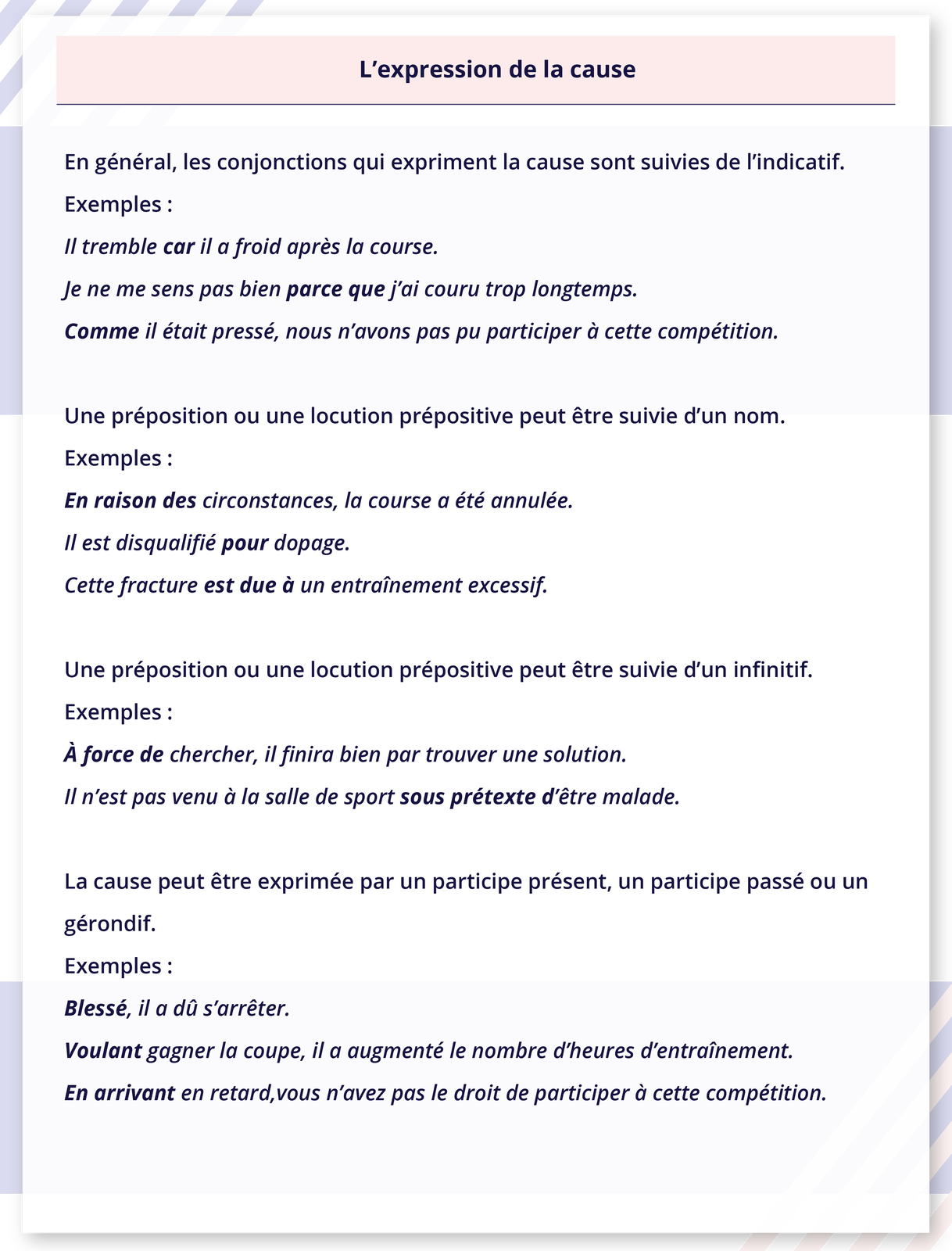 Ilustracja zatytułowana L'expression de la cause składa się z czterech części. Część pierwsza. En général, les conjonctions qui expriment la cause sont suivies de l'indicatif. Exemples: Il tremble car il a froid après la course. Je ne me sens pas bien parce que j'ai couru trop longtemps. Comme il était pressé, nous n'avons pas pu participer à cette compétition. Część druga. Une préposition ou une locution prépositive peut être suivie d'un nom. Exemples: En raison des circonstances, la course a été annulée. Il est disqualifié pour dopage. Cette fracture est due à un entraînement excessif. Część trzecia. Une préposition ou une locution prépositive peut être suivie d'un infinitif. Exemples: À force de chercher, il finira bien par trouver une solution. Il n'est pas venu à la salle de sport sous prétexte d'être malade. Część czwarta. La cause peut être exprimée par un participe présent, un participe passé ou un gérondif. Exemples: Blessé, il a dû s'arrêter. Voulant gagner la coupe, il a augmenté le nombre d'heures d'entraînement. En arrivant en retard, vous n'avez pas le droit de participer à cette compétition.
