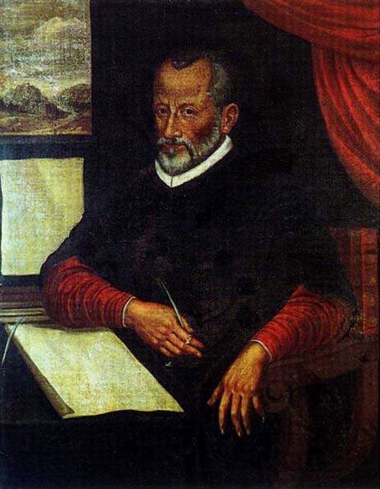 Fotografia przedstawia włoskiego kompozytora epoki renesansu - Giovanni Pierluigi da Palestrina. Mężczyzna siedzi na zdobionym krześle, w dłoni ma długopis, a na kolanach biała kartka. Mężczyzna ubrany jest w czarną szatę, pod spodem na czerwoną koszulkę. Twarz mężczyzny jest przyjazna z zarostem na brodzie i wąsach.